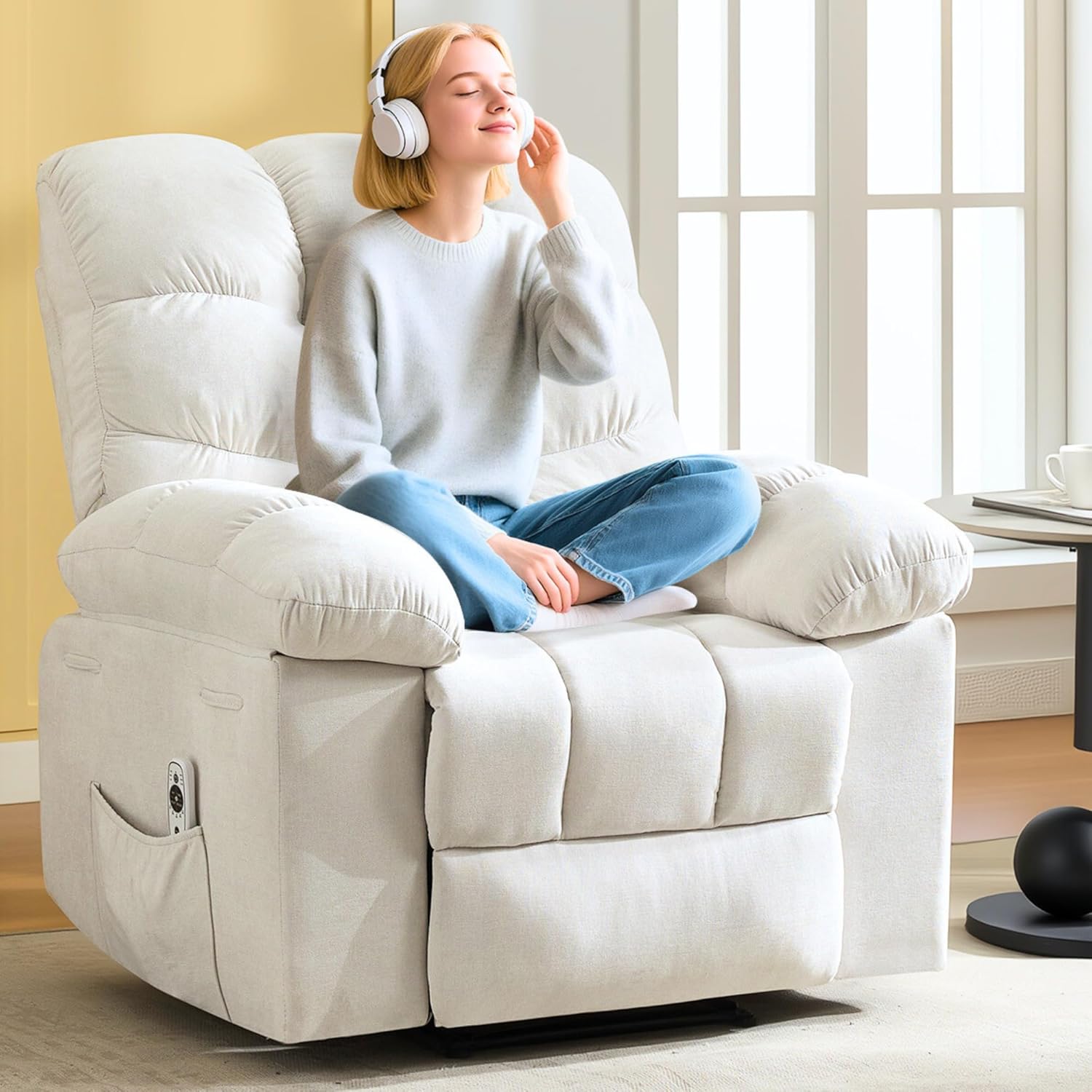 Recliner Chair with Massage and Heat, 35.4" Recliner with Vibration Massage and Side Pocket, Comfortable Reclining Chair for Living Room, Nursery, Bedroom, White
