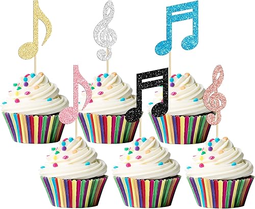 Gyufise 24 piezas de notas musicales para cupcakes, símbolos musicales con purpurina, para música rock, concierto, tema, baby shower, boda, fiesta
