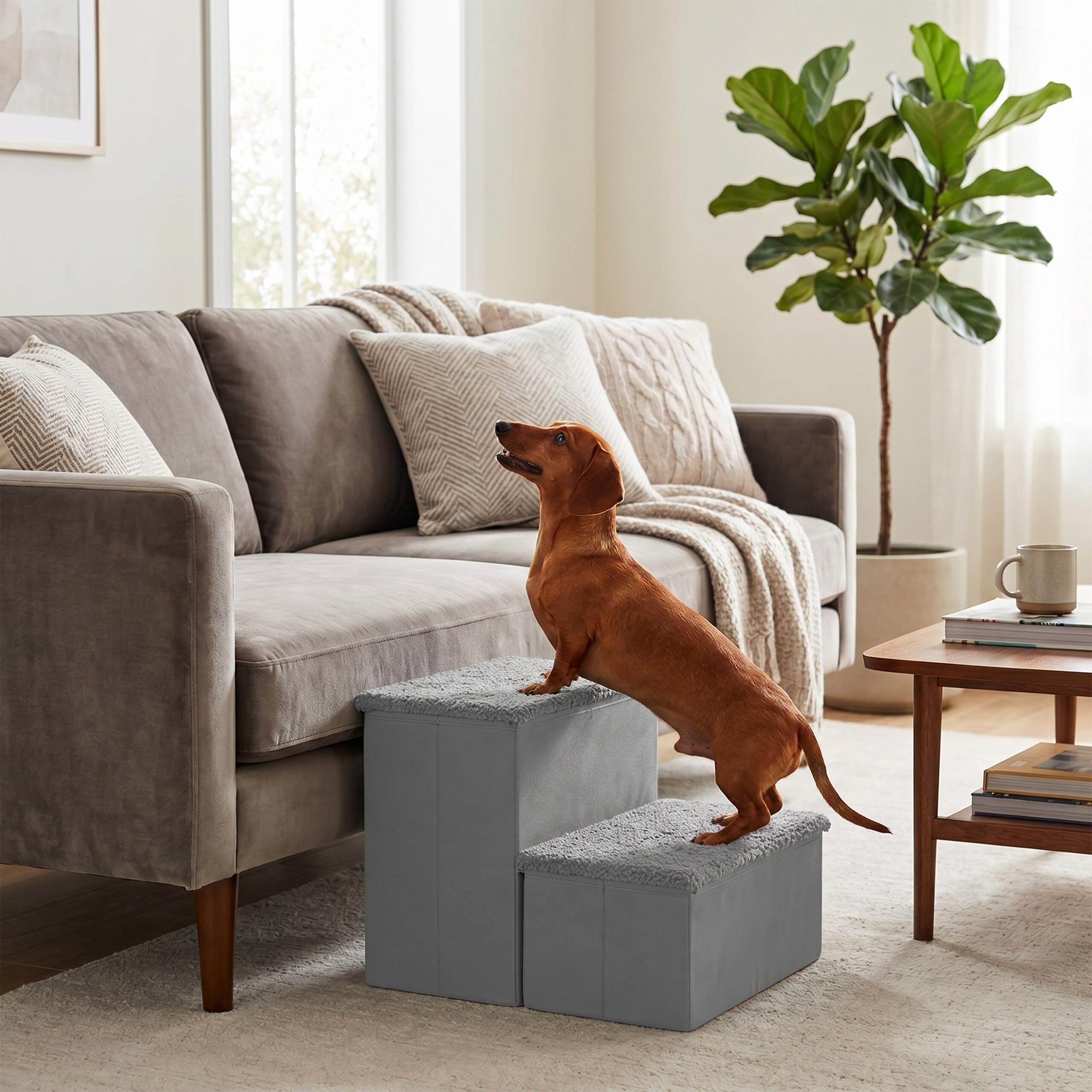 Relaxdays Scala per cani pieghevole, 2 gradini, con vano, grigio | 32x40x35 cm, rivestimento in tessuto, per letto/divano