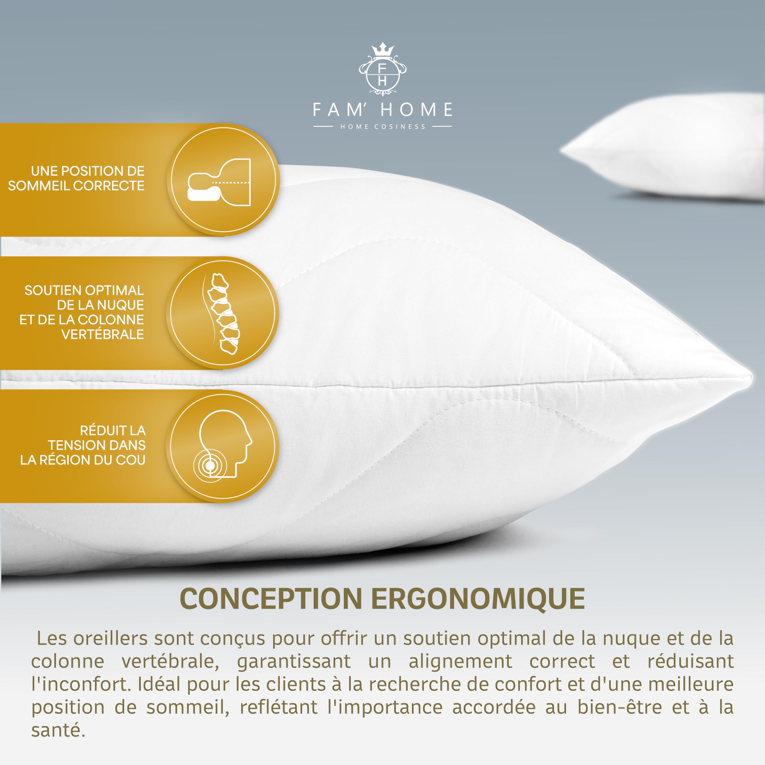 FAM' Home de Luxe Coussin 50x70 Lot de 2 - Garnissage volumétrique (720g) - Blancs ergonomiques - Entretien Facile - Lavable Jusqu’à 95 °C - Moelleux Oreiller 50x70 Hypoallergéniques - Anti acarien