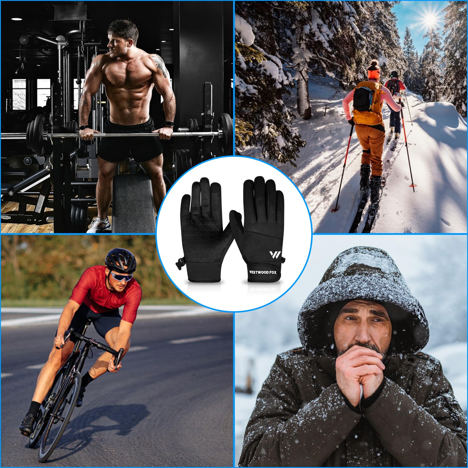 WESTWOOD FOX Gants d'hiver chauds coupe-vent imperméables homme femme écran tactile thermiques poignets élastiques course
