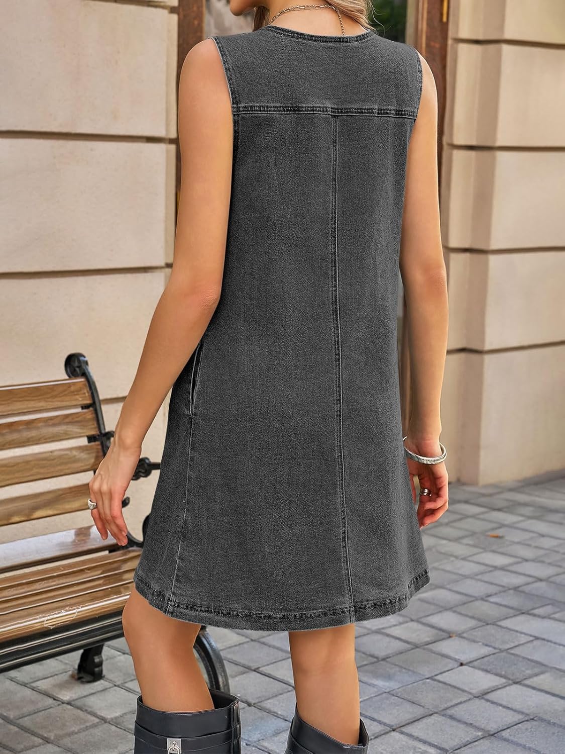 Yousify Womens Sleeveless Denim Overalls Dresses Summer Button Down A Line Jean Mini Romper Dress with Pockets - Image 3