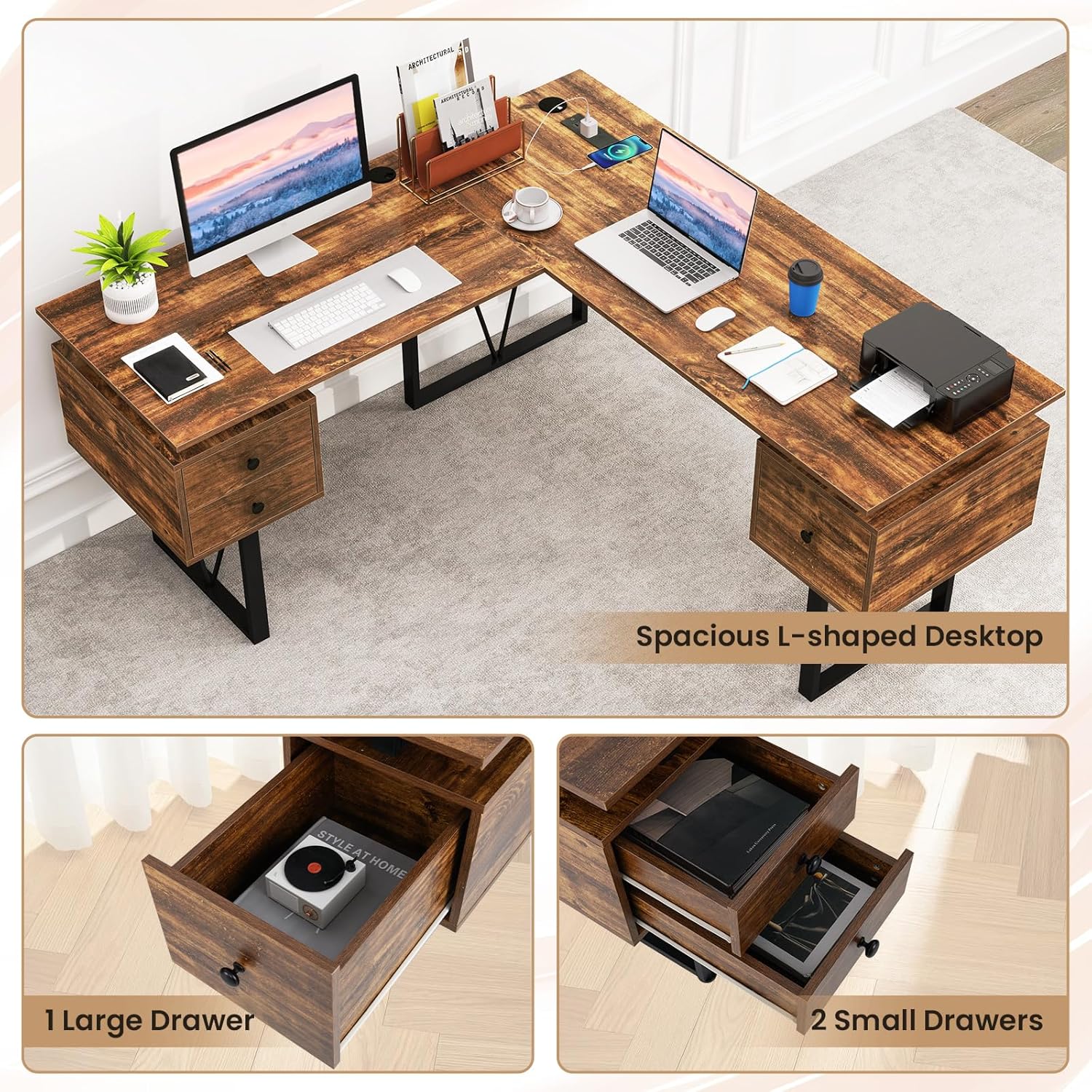 Tangkula 59" L-Shaped Office Desk with 3 Drawers & Charging Station, Corner Computer Desk with Sturdy Metal Frame, Industrial Home Office Computer Workstation for Working Studying (Rustic Brown)