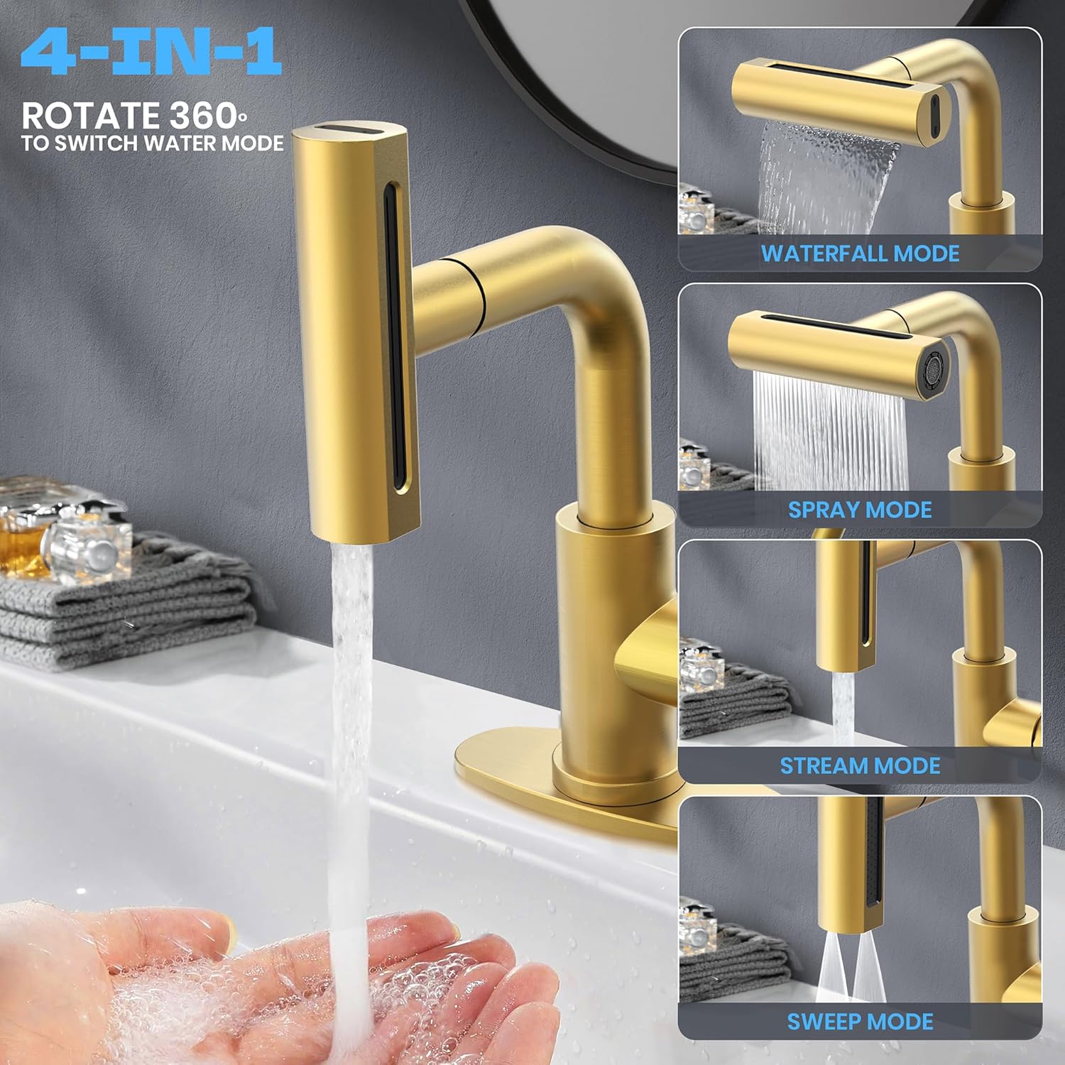 Gold Bathroom Faucet with Sprayer - Brushed Gold Bathroom Faucets for Sink 1 Hole or 3 Holes, 4 Mode Single Handle Vanity Faucet Waterfall Bathroom Faucet with Pull Down Sprayer (No Drain) - Image 3