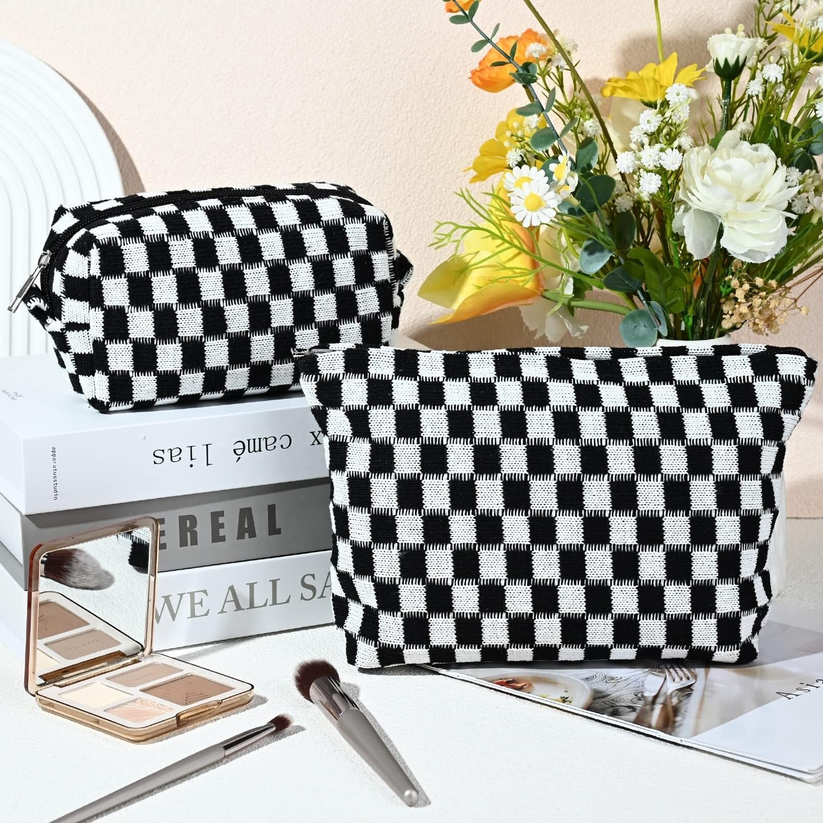 Kosmetiktasche Kulturtasche Kosmetiktasche, Karierte Kosmetiktasche, Canvas-Mix, Reise-Kulturbeutel, Aufbewahrungstasche Schminktasche Damen(A,20x7x6cm)