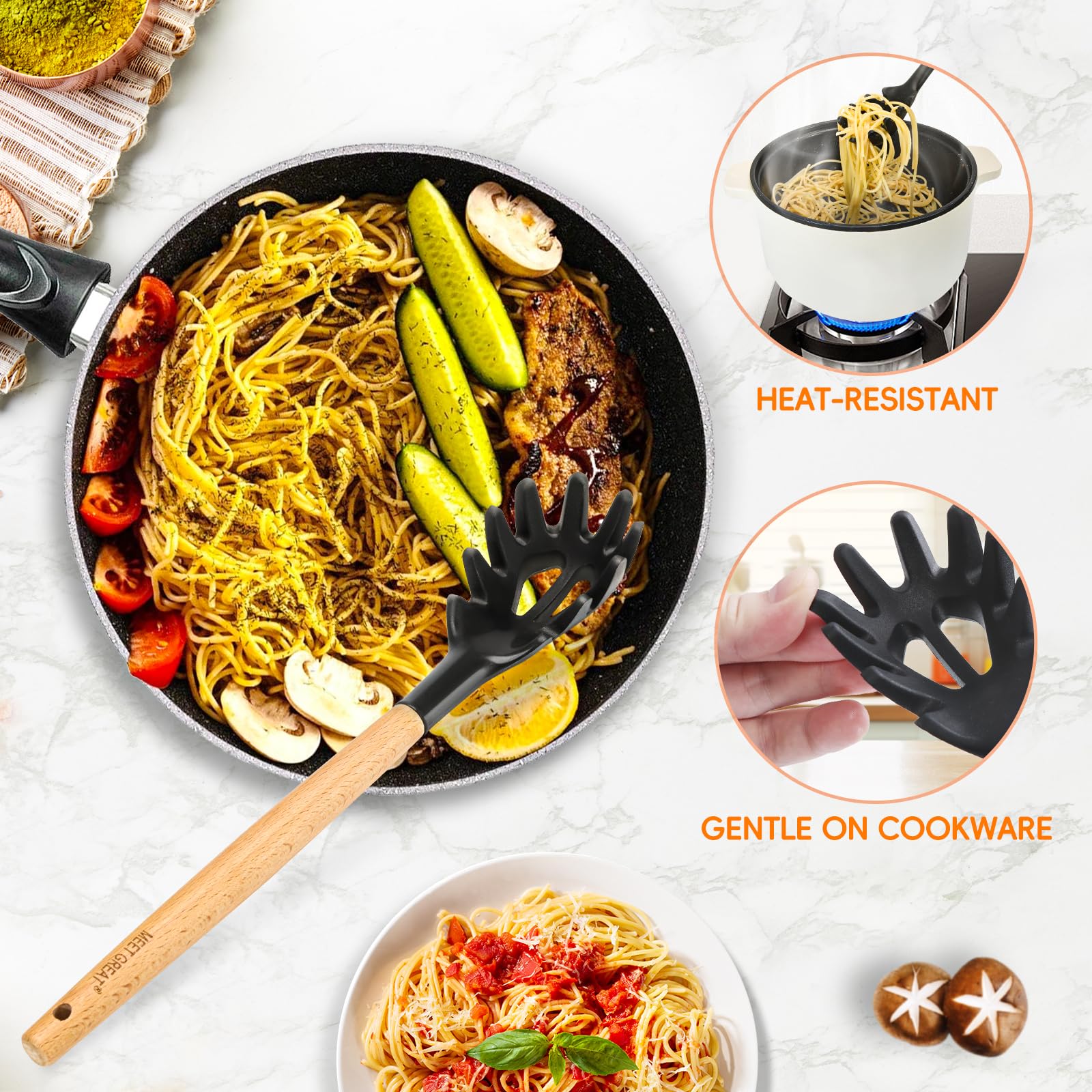 Cuchara de espaguetis de alta calidad, mango de madera con cabeza de silicona suave, perfecto para cocinar, servir y colar pasta
