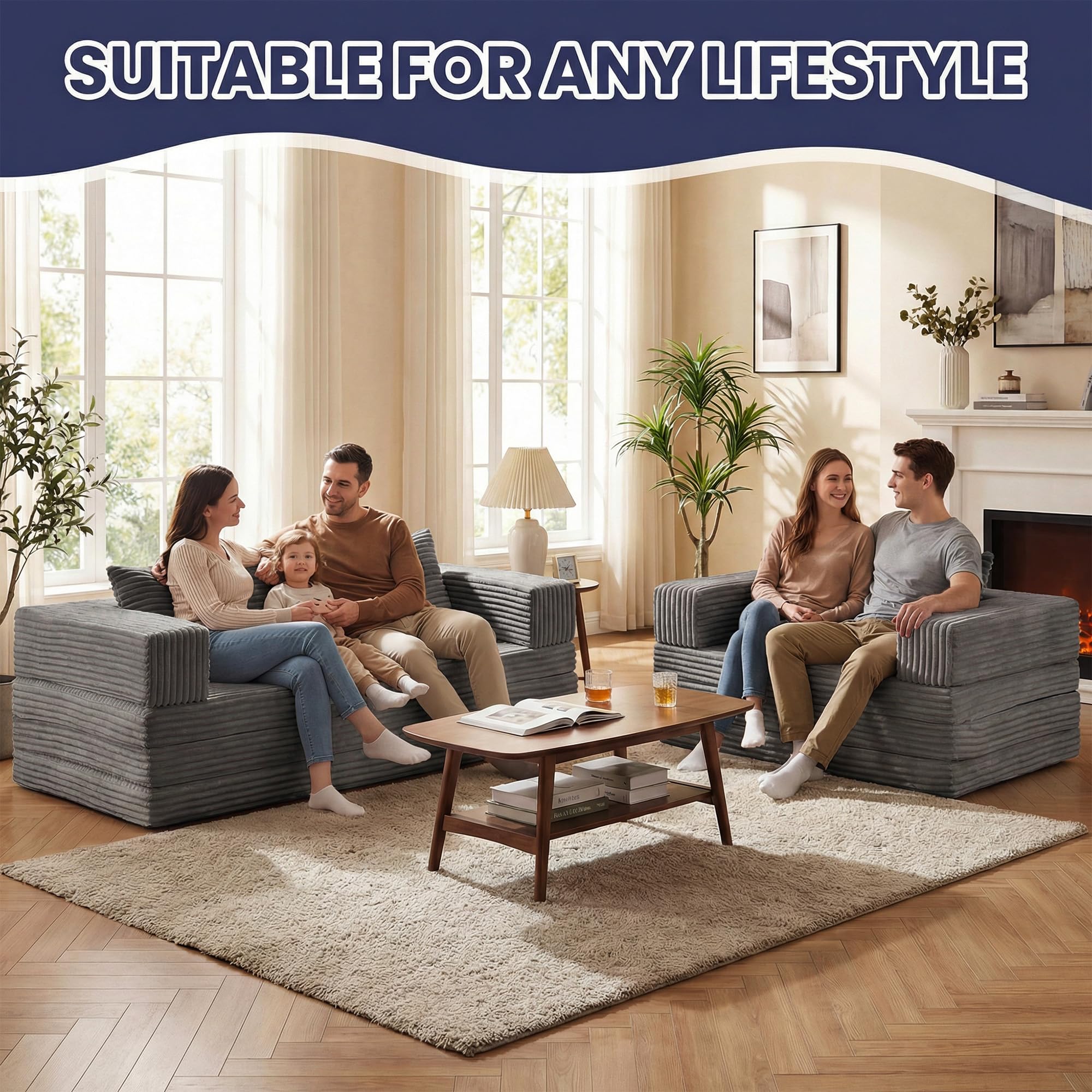 Convertible Sofa Bed, 4-in-1 Boneless Loveseat with Removable Armrests Backrest, Corduroy Futon Couch Bed with Pillow, Foldable Mattress Sleeper Sofa for Living Room Bedroom Small Place (Grey)