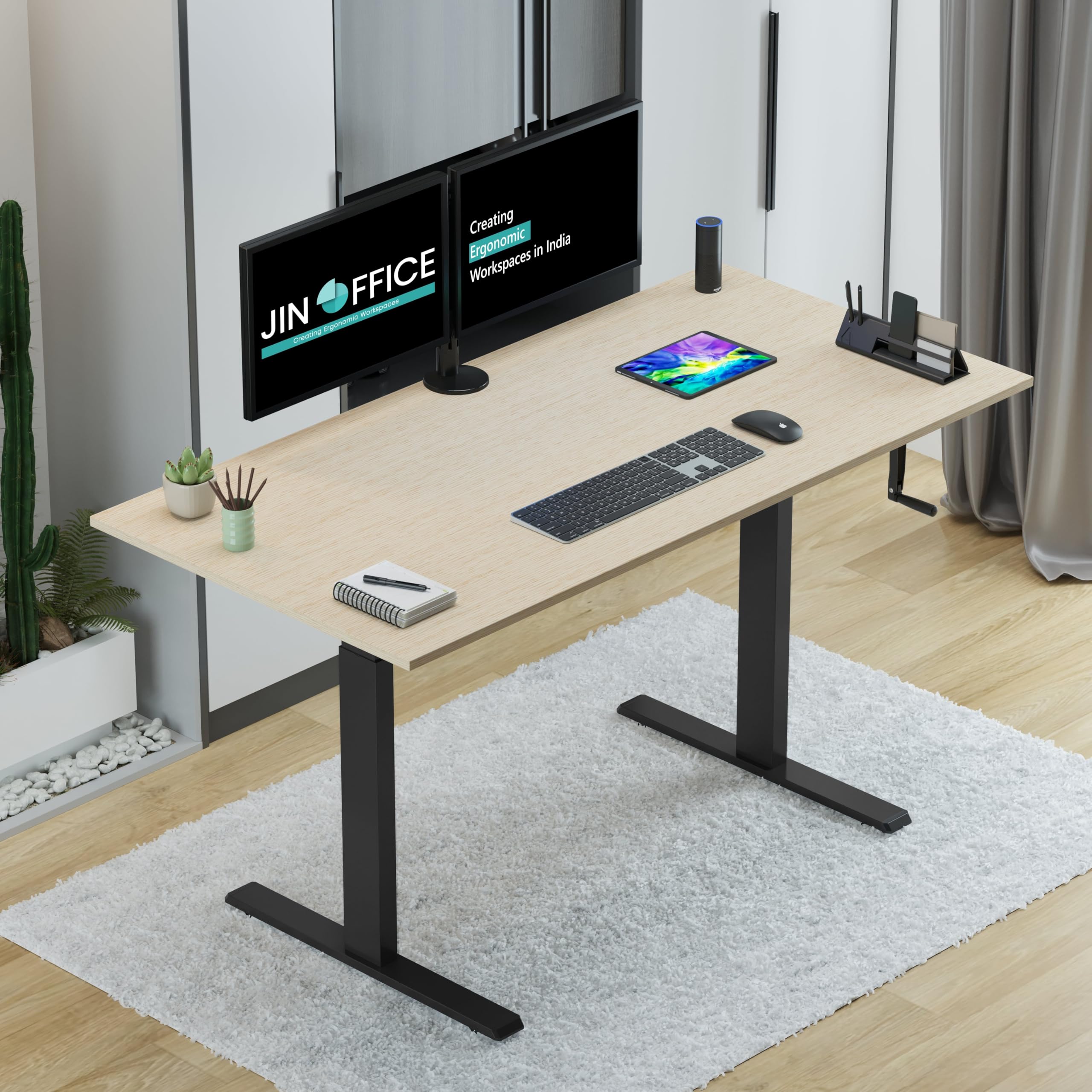 Jin Office Vertex Manual Height Adjustable Standing Desk| Adjustable Table with Hand Crank| Sit Stand Ergonomic Desk for Home Office, 3 Year Warranty,80 Kg Wt.Cap| Black & Maple|1500*750mm/ 25MM Thick