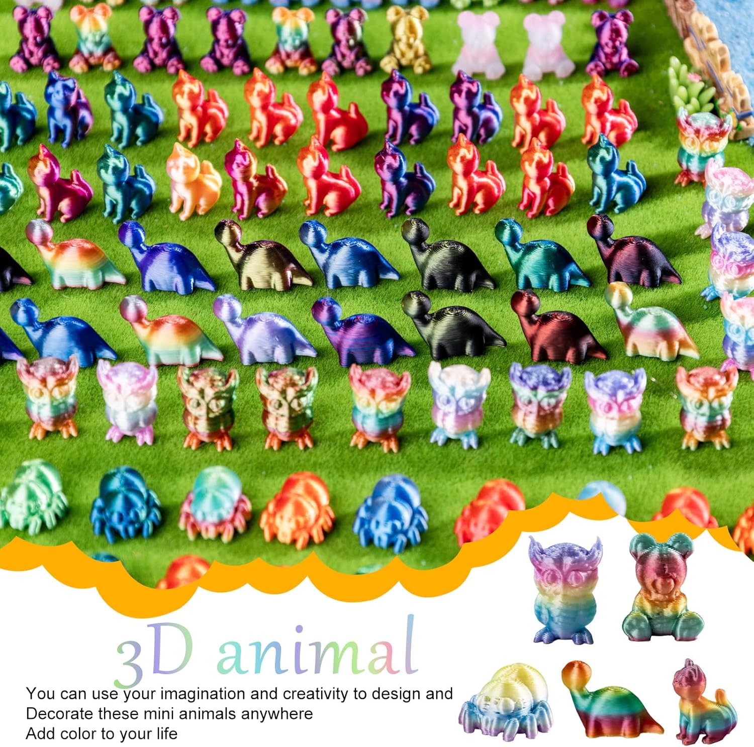 140PCS 3D Printed Mini Animals Set - Realistic 3D Animals Collection (Cat, Bear, Spider, Owl, Dinosaur) for Decoration, Display and Gifts