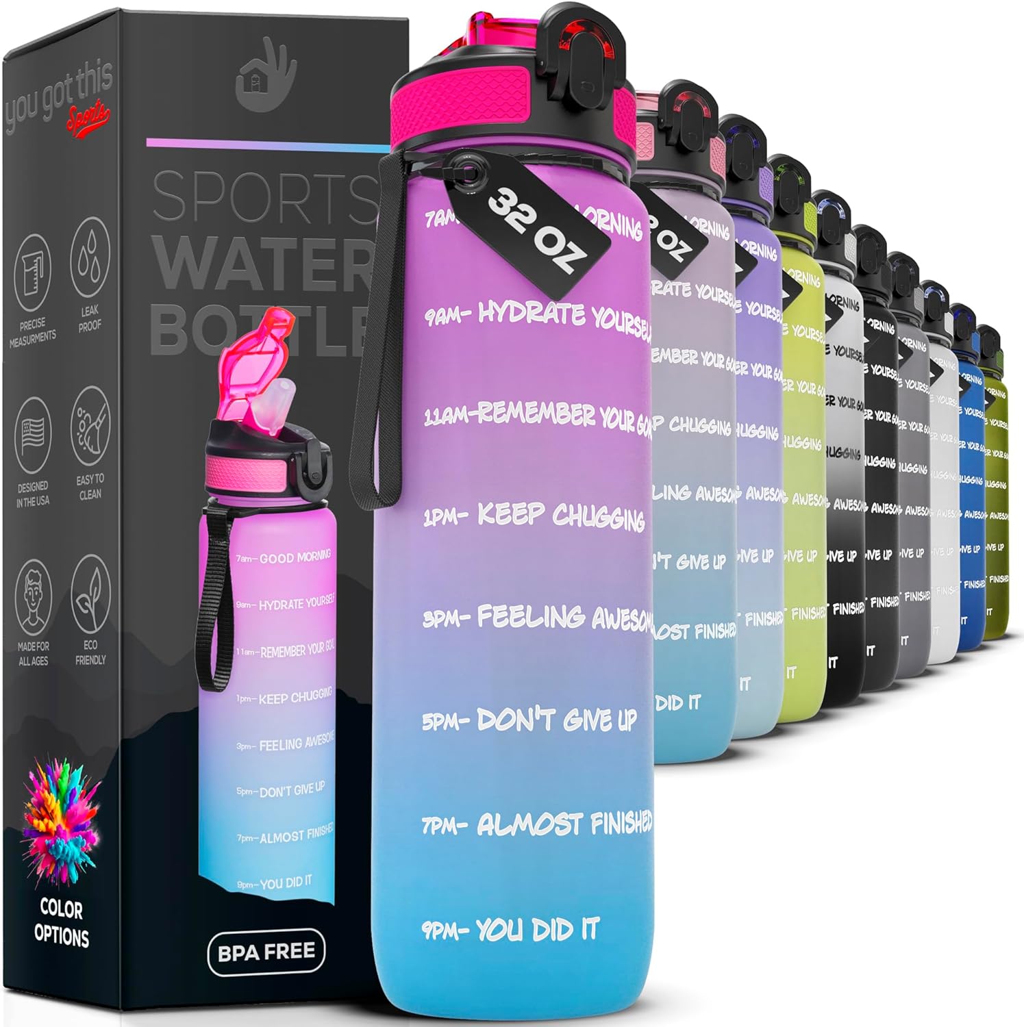 Motivational Water Bottle with Time Marker, 32 oz Water Bottle, Sports Water Bottle with Spout, Achieve All-Day Hydration SpillProof, BPA FREE