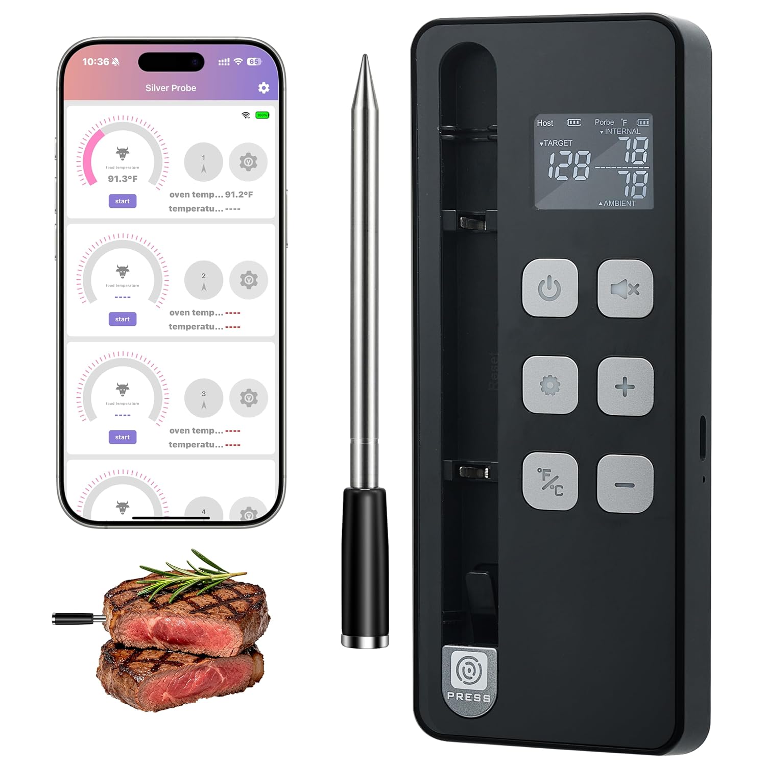 Smart Bluetooth Wireless Meat Thermometer, Digital Instant Read Food Thermometer with LCD Display,Certified Accuracy ±0.5°F, Wireless Meat Probe for Oven, Grill, Smoker, BBQ