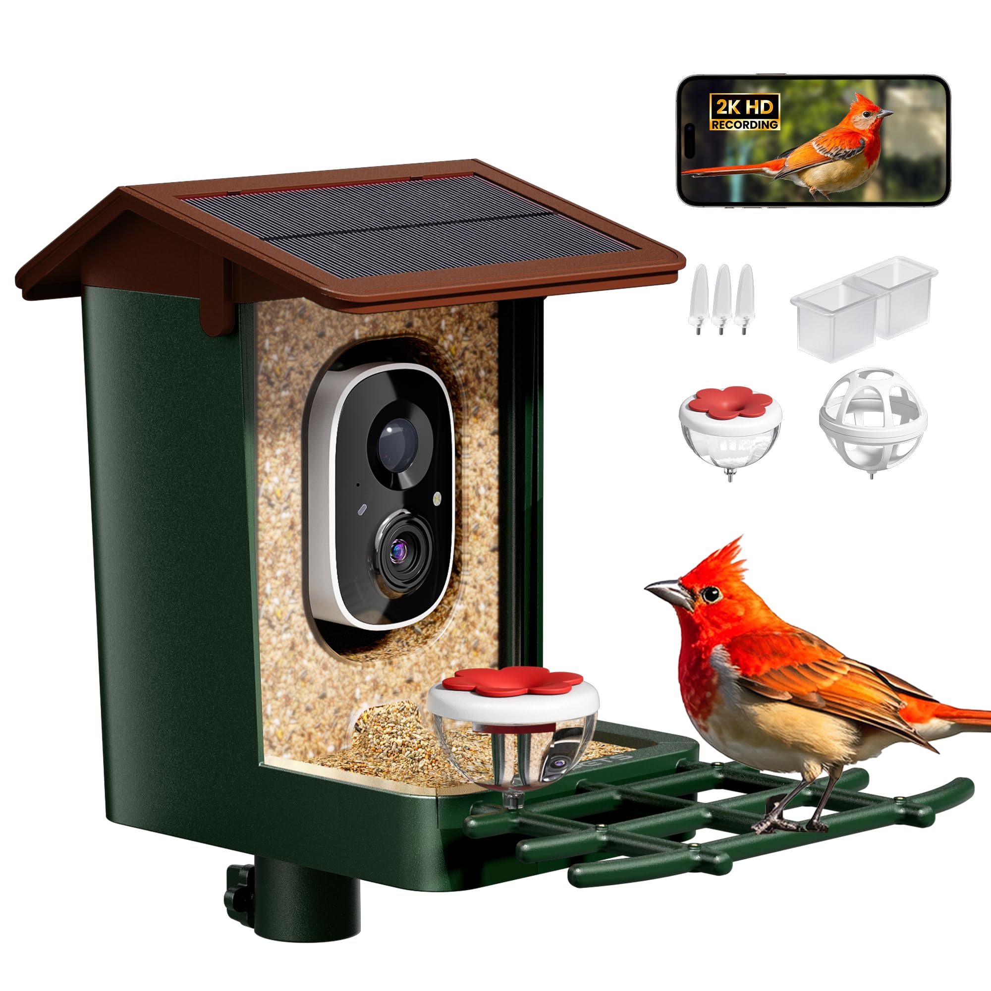 Photo 1 of Smart Bird Feeder with Camera Solar Powered 2K HD Video, 10,000+ Species AI Recognition, Real-Time App Alerts, and Weatherproof Design for Effortless Birdwatching, Gift for Bird Lovers, Green Brown