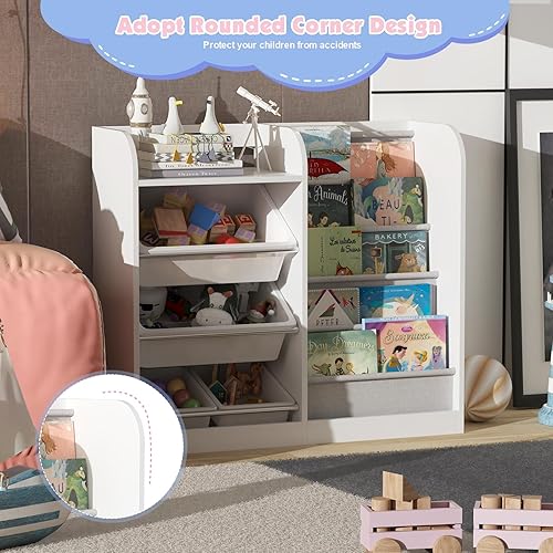 Miniatura 6 de Estantería de madera blanca para niños, caja de almacenamiento de juguetes, estante organizador con 4 contenedores de plástico extraíbles para