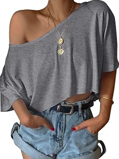 Women's Off Shoulder Crop Tops Loose Boat Neck Short Sleeve T Shirt