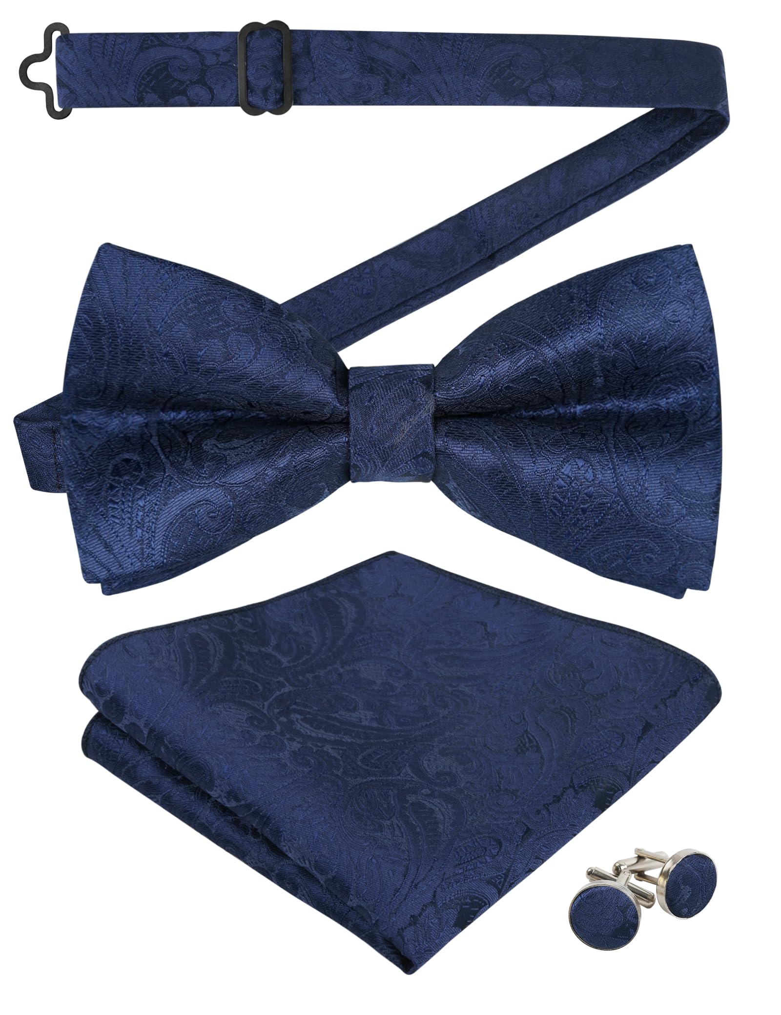 Alizeal Mens Wedding Paisley Pre-tied Bow Tie, Pocket Square and Cufflinks Set, Navy