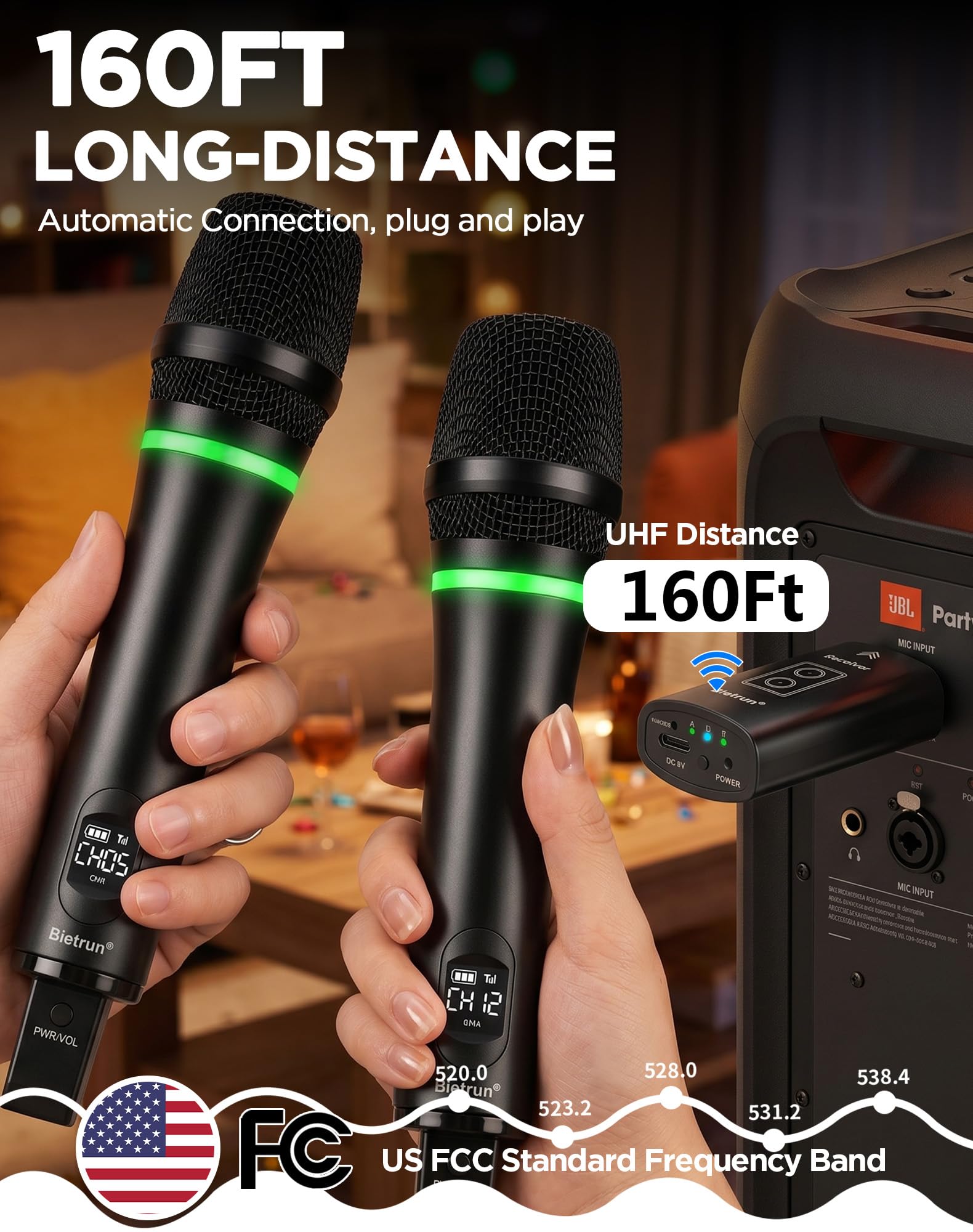Bietrun Micrófono inalámbrico recargable, micrófonos inalámbricos dinámicos de mano de metal dual con salida de 1/4 pulgadas para karaoke, reuniones, cantos, iglesia, boda (rango UHF de 240 pies)