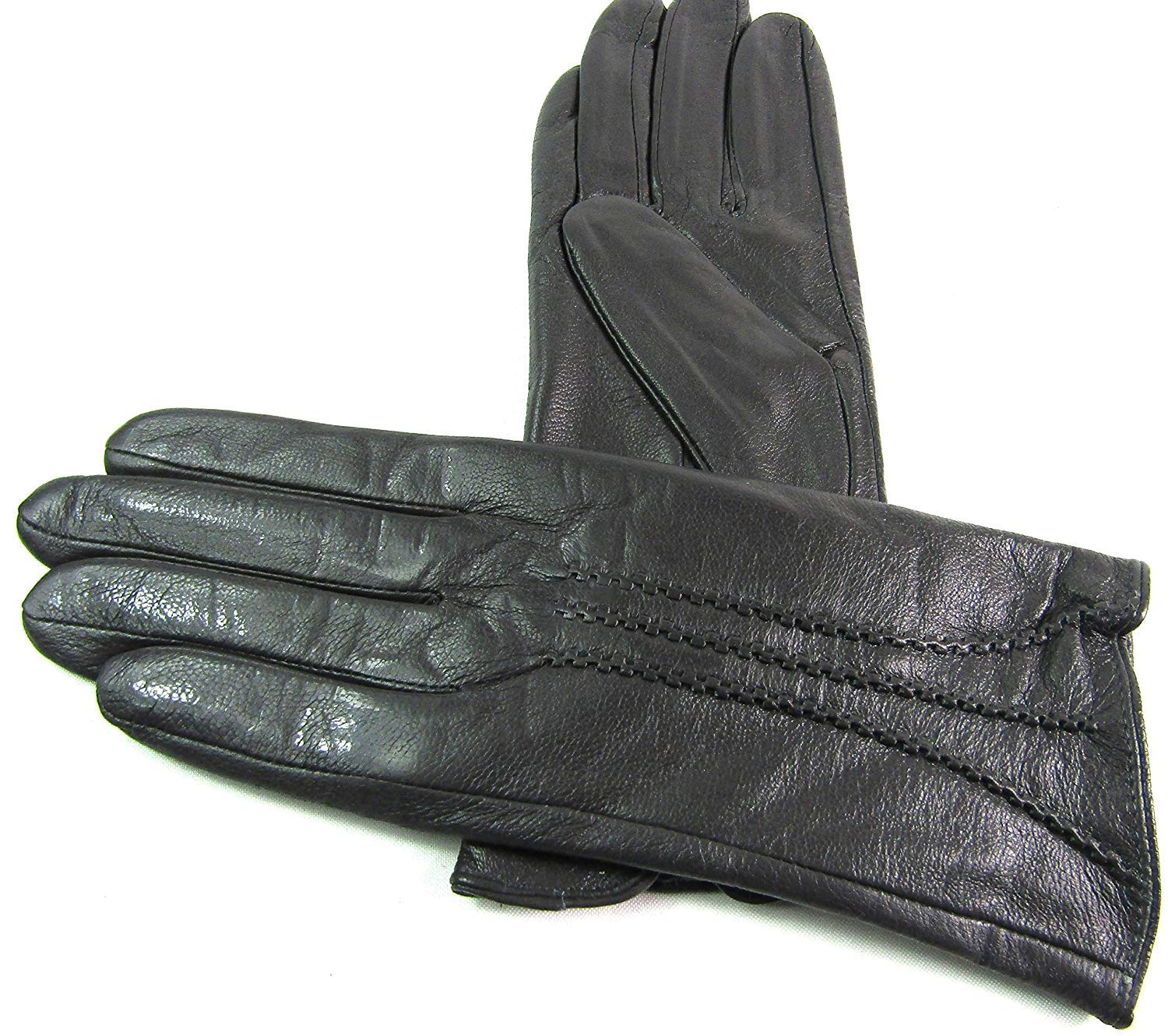 Le Women's Grey Real Leather Stripe Detail Gloves (Medium, )