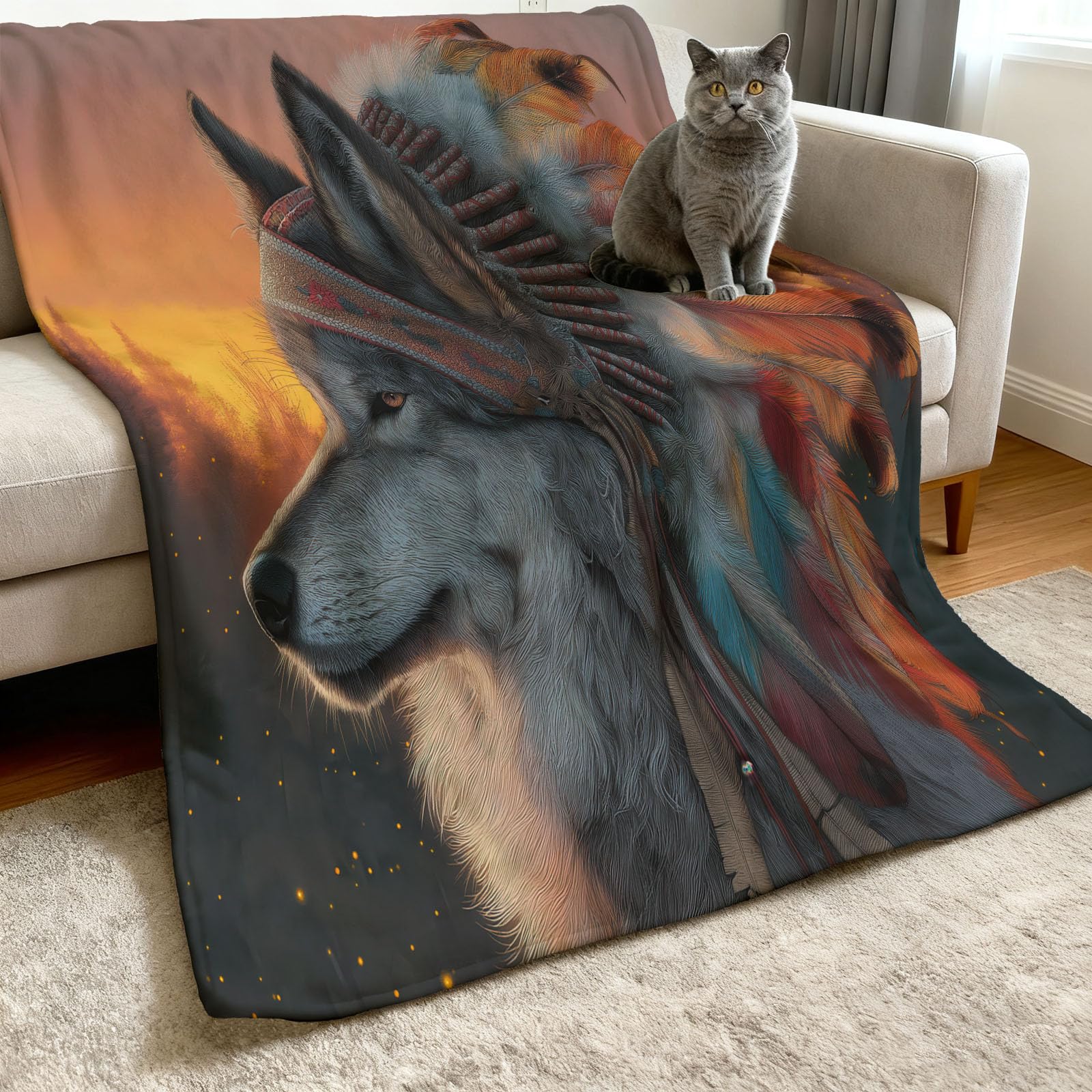 Manta mullida de 180 x 220 cm – Fantasía de acuarela suave manta reversible de franela para sofá, manta de forro polar con plumas de lobo, manta de forro polar extra cálida para camping oficina