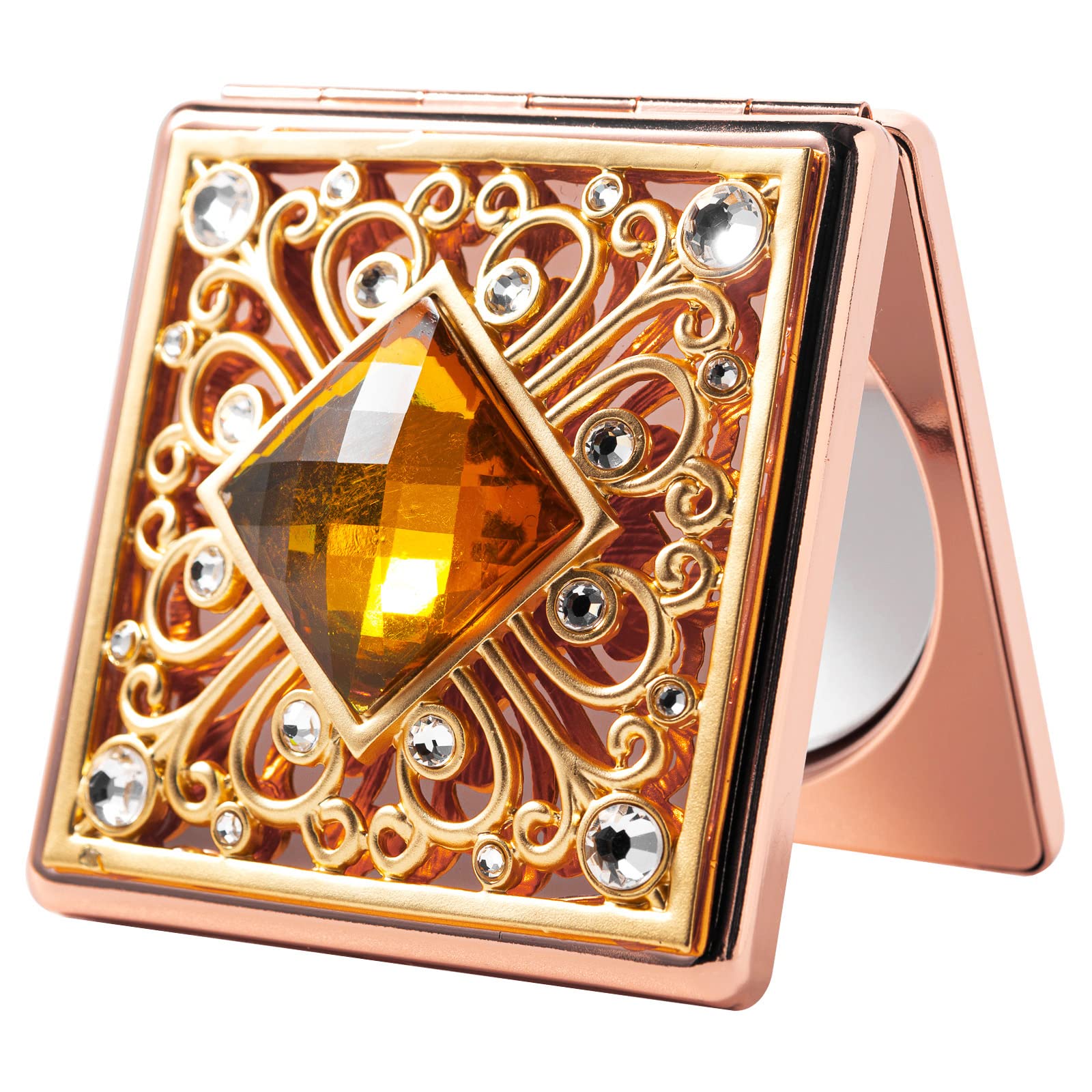 HAPUTDY Vintage Personalised Embossed (Glass Stone Sticker) Cosmetic Mirror Portable 1X/2X Magnifying Mirror (Pink)