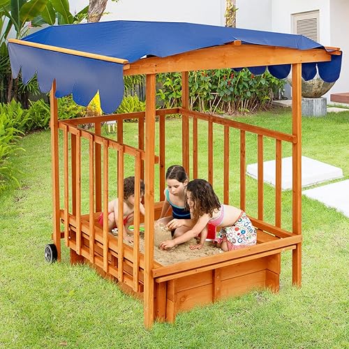 Miniatura 8 de HONEY JOY Caja de arena 3 en 1 para niños con casa de juegos y toldo, madera de cedro sin fondo para patio trasero con ruedas, barandillas y