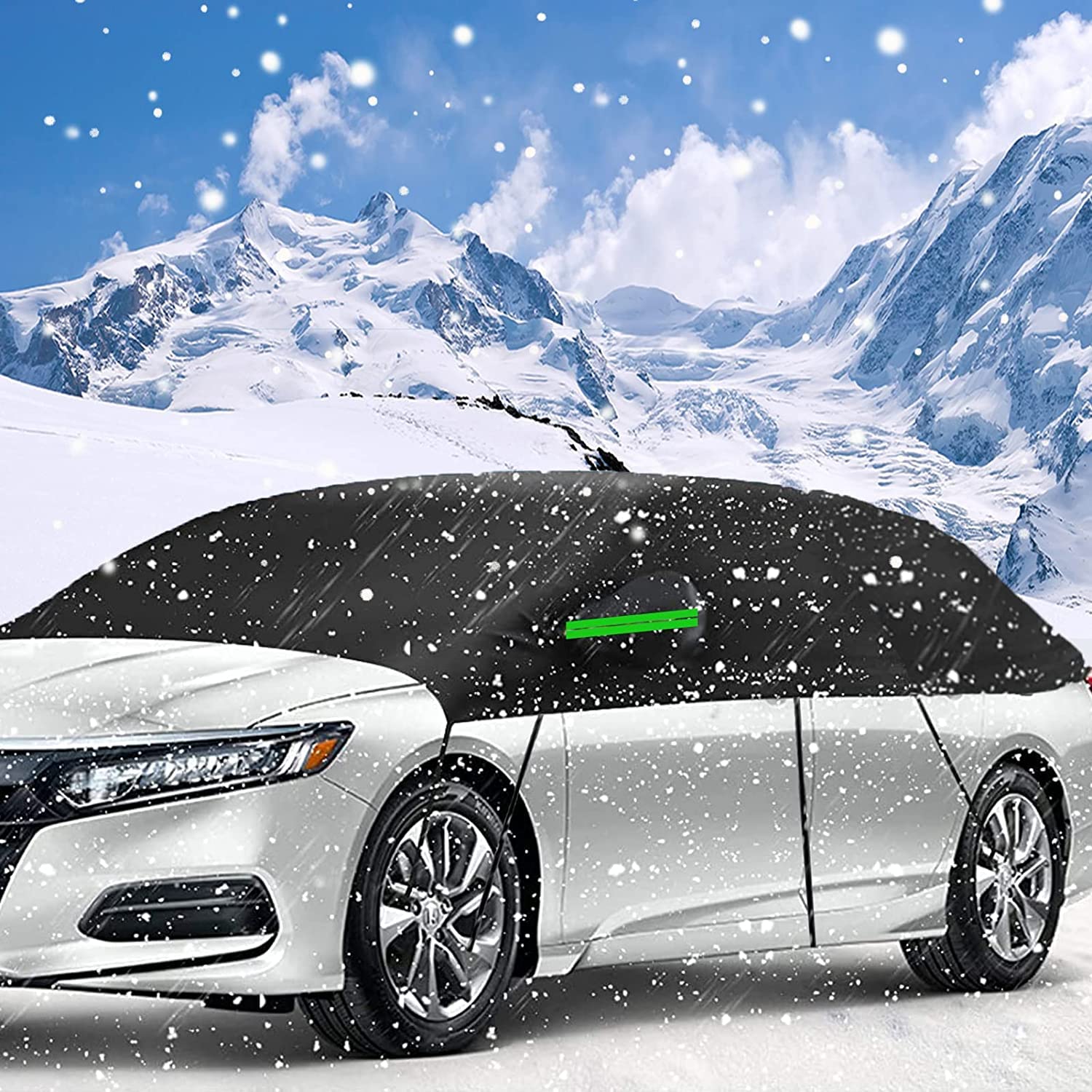 Big Ant Car Cover universal Snow Cover with hooks, Anti UV Half Thick Car Cover with Reflective Strips, Waterproof UV Protection for Windshield, Fit for Sedan.Windshield Snow Frost Protection,Black