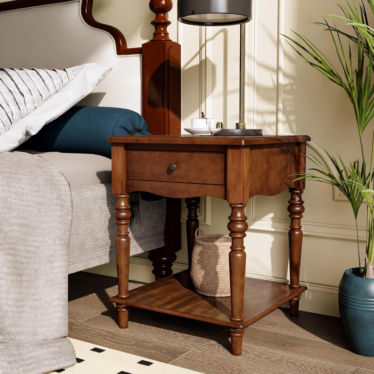 Solid Wood End Table with Drawer and Storage Shelf, Antique Designed Beside Table with Solid Wood Roman Legs, Square Accent Tables with Hand Carved for Living Room, Bedroom Cherry Brown