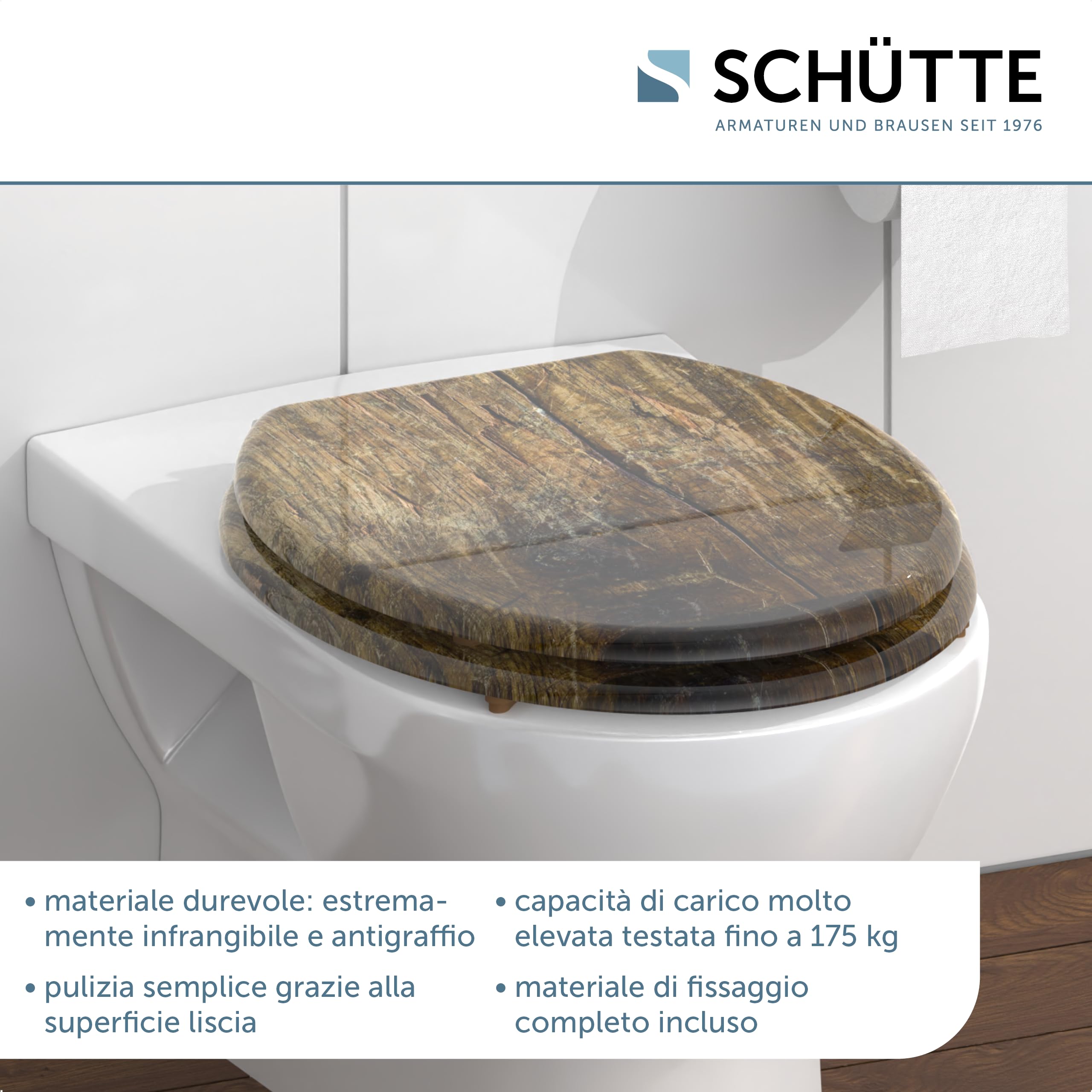 Schütte Sedile Anima Solid Wood, Adatto per Molti Commercio, Carico Massimo degli occhialini per WC, 150 kg, Motivo Effetto Occhiali e coperchi, 80024, Legno Massiccio
