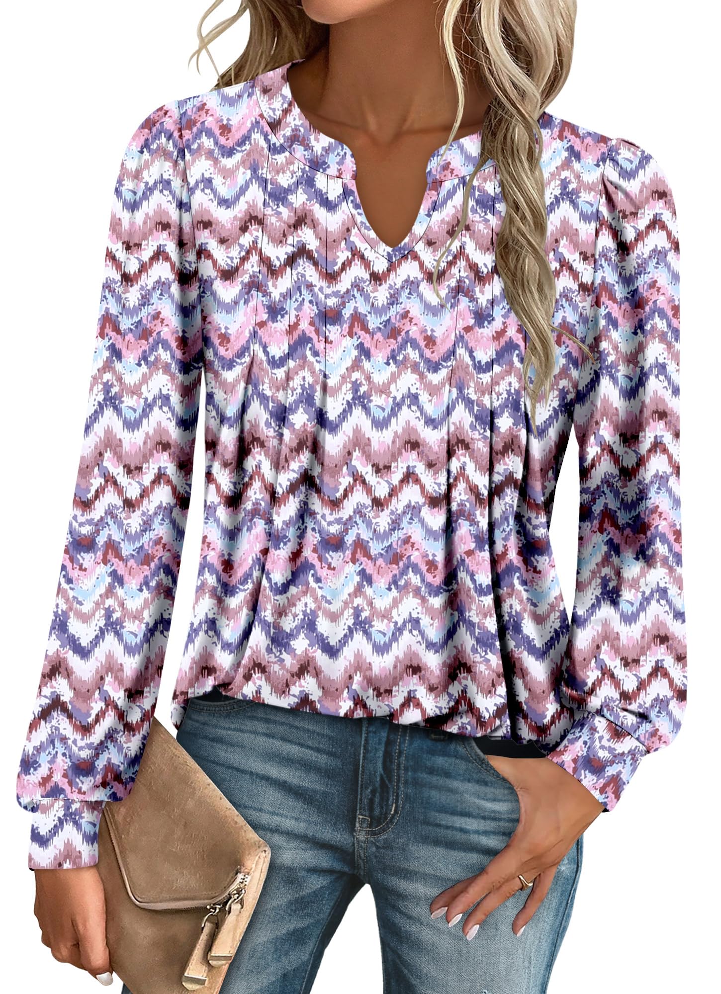 onlypuff Womens Long Sleeve T-Shirt V Neck Tunic Tops Pleated Blouse Shirts S-3XL