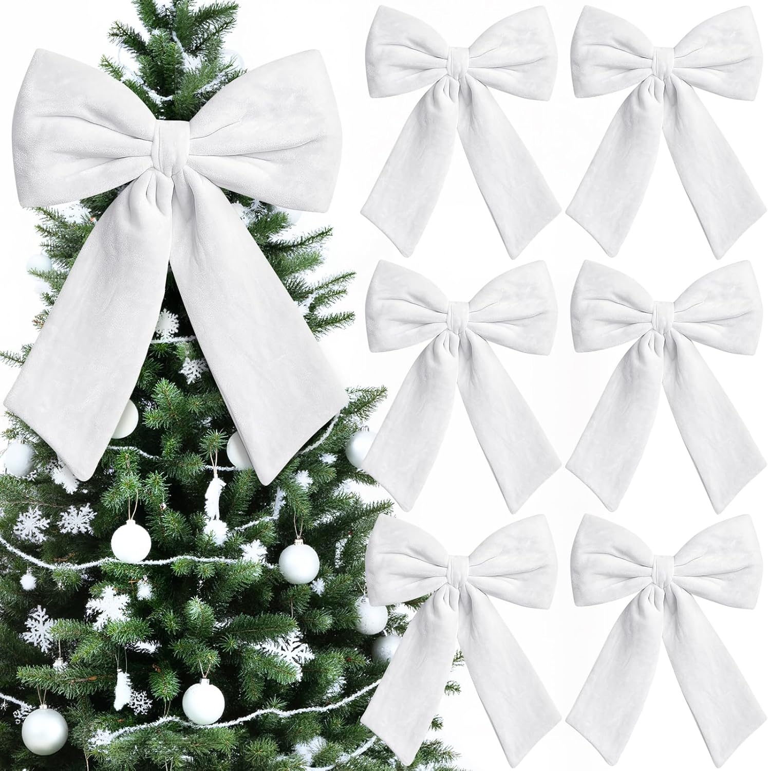 6 Pcs 11.8 Inch Large Christmas Plush Bow Velvet Christmas Tree Topper Bow Decorative Wrapping Gift Decor for Xmas Fireplace Wreath Wall Backdrop Birthday Wedding Decoration(White)
