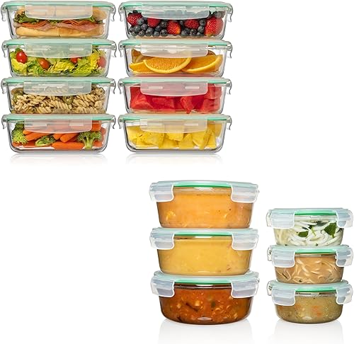 Combo de recipientes de almacenamiento de alimentos de vidrio premium. Rectángulo del mismo tamaño y 2 contenedores de almacenamiento redondos (14