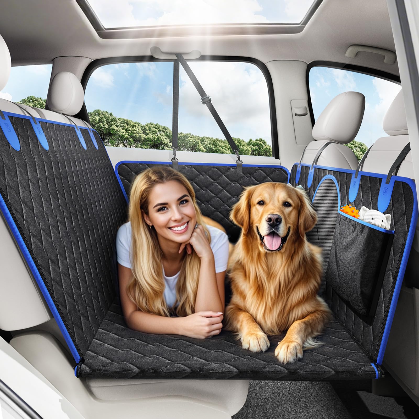 Back Seat Extender for Dogs, Dog Car Seat Cover for Back Seat Hard Bottom - Holds 330lbs Waterproof Back Seat Pet Cover for Dogs with Mesh Window & Pocket, Dog Hammock for Car, Small Truck, SUV