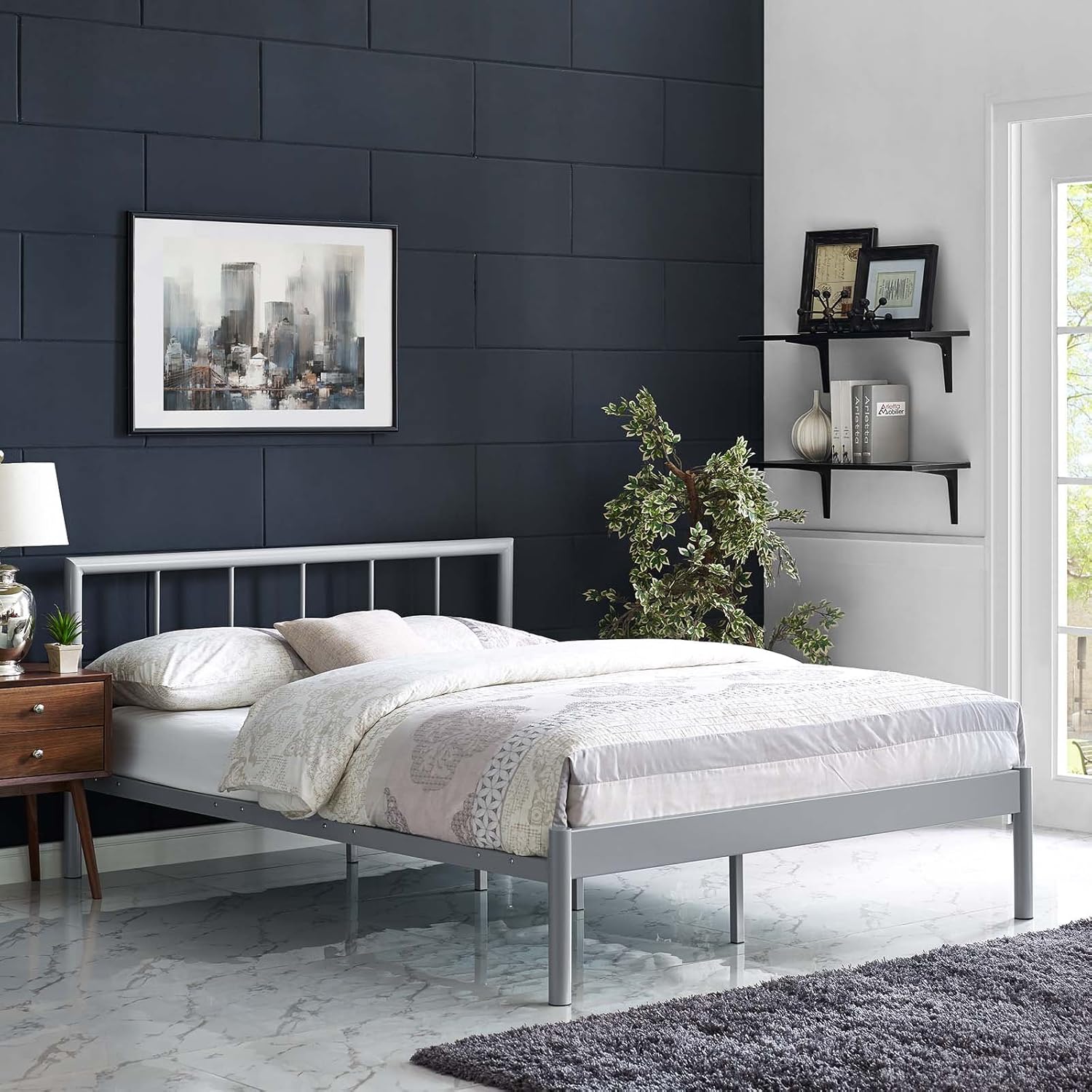 Modway Gwen Steel Metal Farmhouse Platform Twin Bed Frame With Headboard in Brown