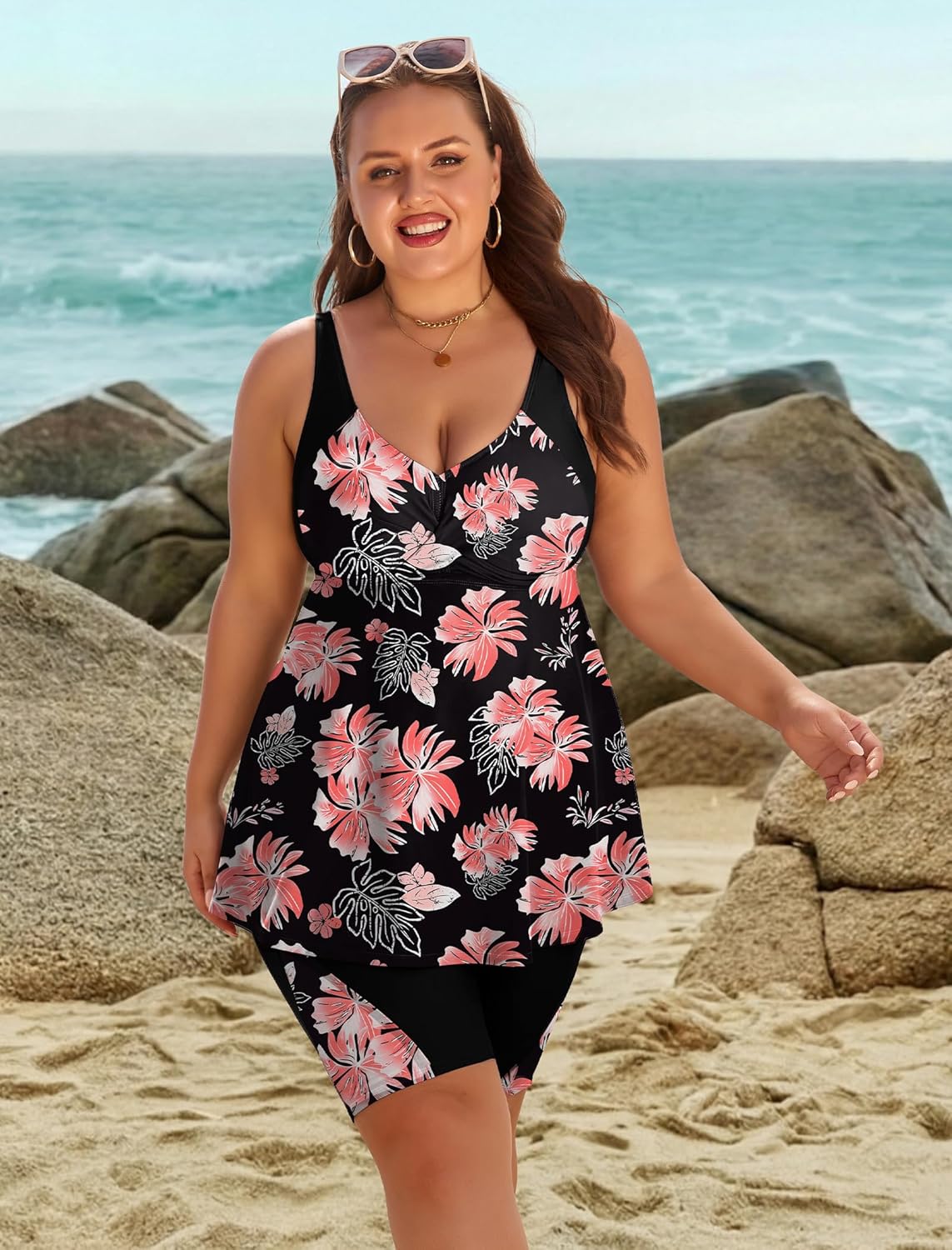 Arolina Plus Size Swimsuit for Women Two Piece Modest Tankini Full Coverage Tummy Control Bathing Suits with Shorts Orange Floral Medium