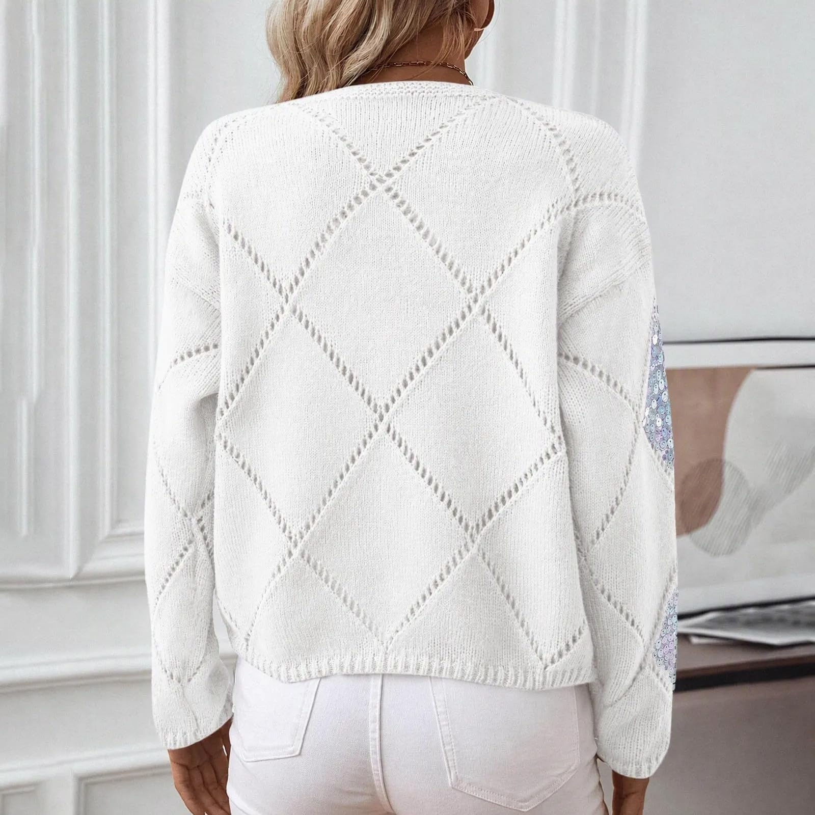 Strickpullover Damen Kurz Pullover Pailletten Oberteil V-Ausschnitt