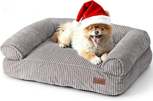 FUKUMARU Sofá cama para perros, acogedora cama de pana para gatos de interior con funda lavable, cama ortopédica impermeable de 28 pulgadas para