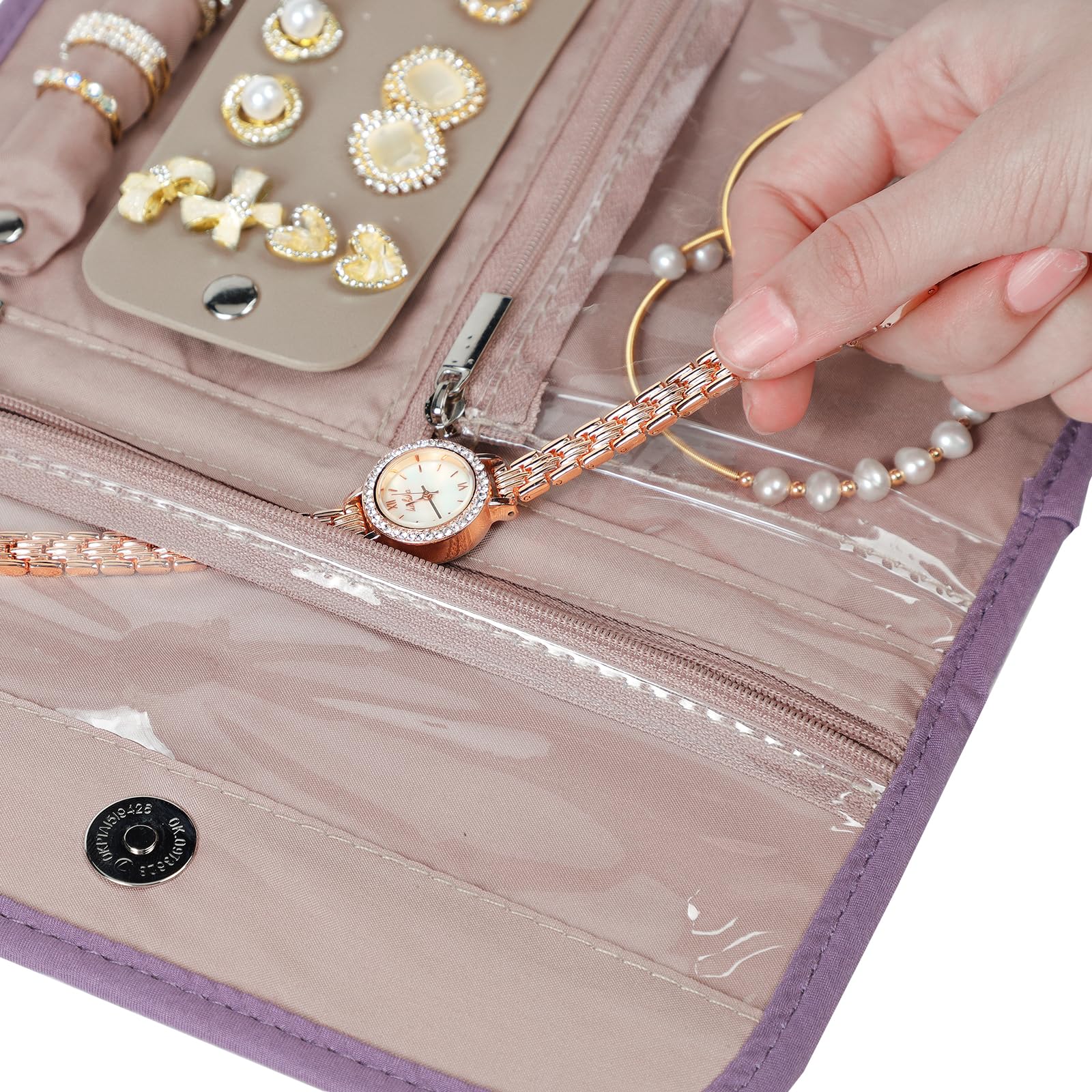 DIFLAX Rouleau De Rangement Bijoux Voyage Femme - Étui Souple Grande Capacité Rose Pour Boucles D'Oreilles, Bracelets Et Bagues