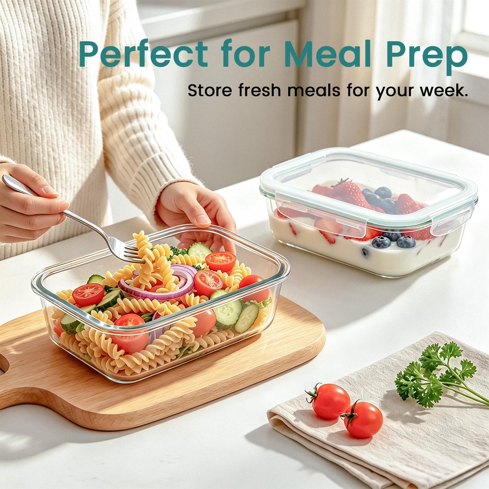 Luvan 2 * 1,52L Recipientes grandes de Cristal con Tapas para Alimentos, Recipientes de Meal Prep/Cajas Bento/Cajas de Almuerzo con 4 Cierres de Pestañas, Aptos para Refrigerador y Lavavajillas