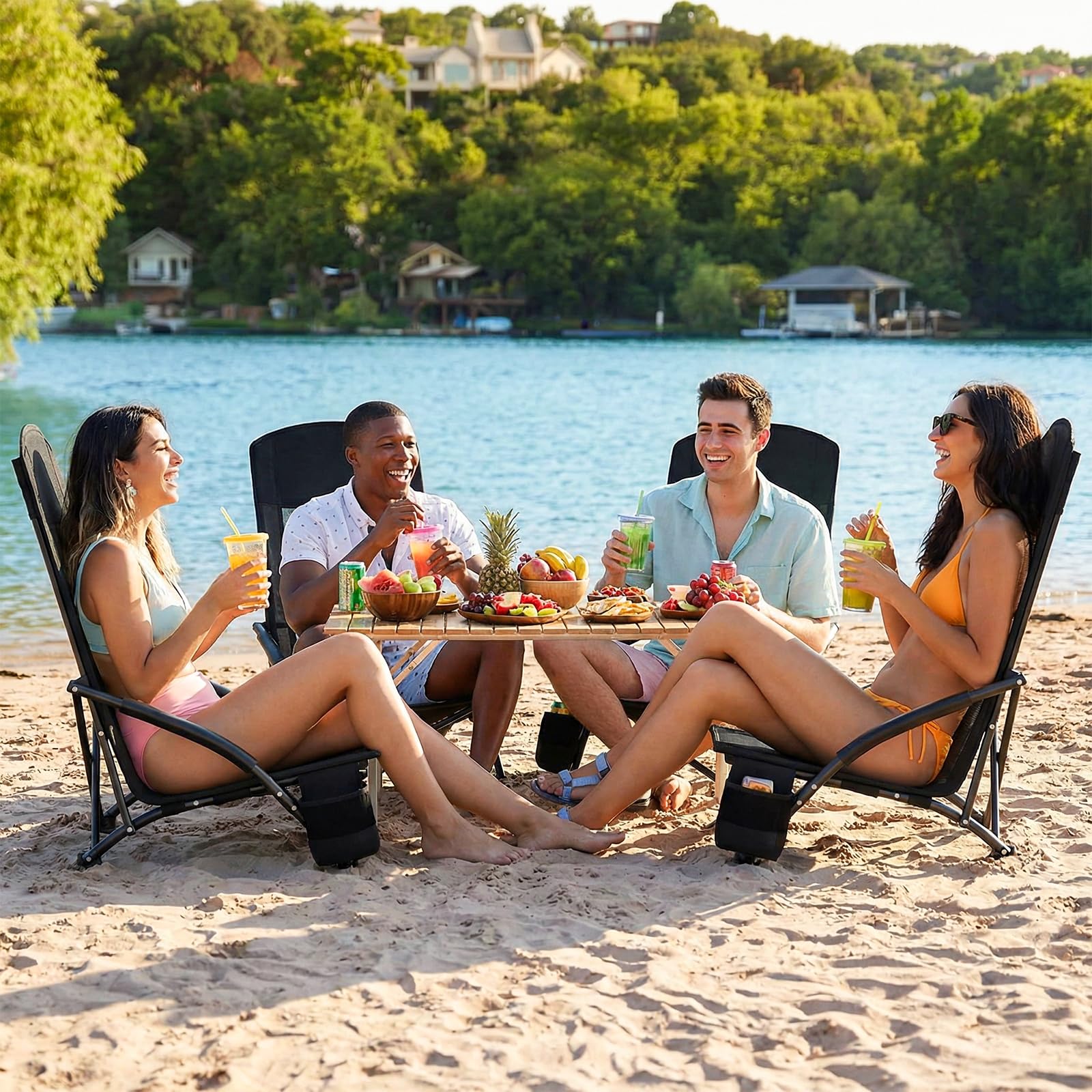 LIFERUN Chaise de plage pliable - 1 pièce - Dossier haut - Chaise de plage basse avec sac de transport - Porte-gobelet - Tissu en maille respirante - Pour l'extérieur, le camping, le concert de sable