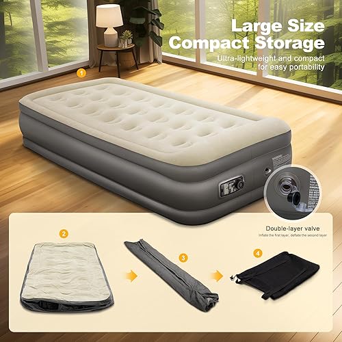 Miniatura 7 de ALPHA CAMP Colchón de aire individual de 19 pulgadas con bomba y almohada integradas, colchón inflable en 2 minutos autoinfladodesinflado con parte