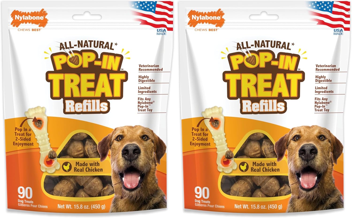 Nylabone Pop-in Treat-Toy Refill Chews, All-Natural Dog Treats for Treat Dispensing Toys, Chicken Flavor, 90 Count (Pack of 2)