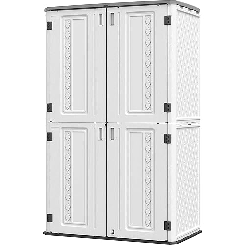 HOMSPARK Storage Shed Weather Resistance, Multi-Purpose Outdoor Storage Cabinet Waterproof, Outdoor Storage Cabinet for Garbage Cans, Lawnmower, Garden Accessories (Off White, Tall shed-53 cu ft)