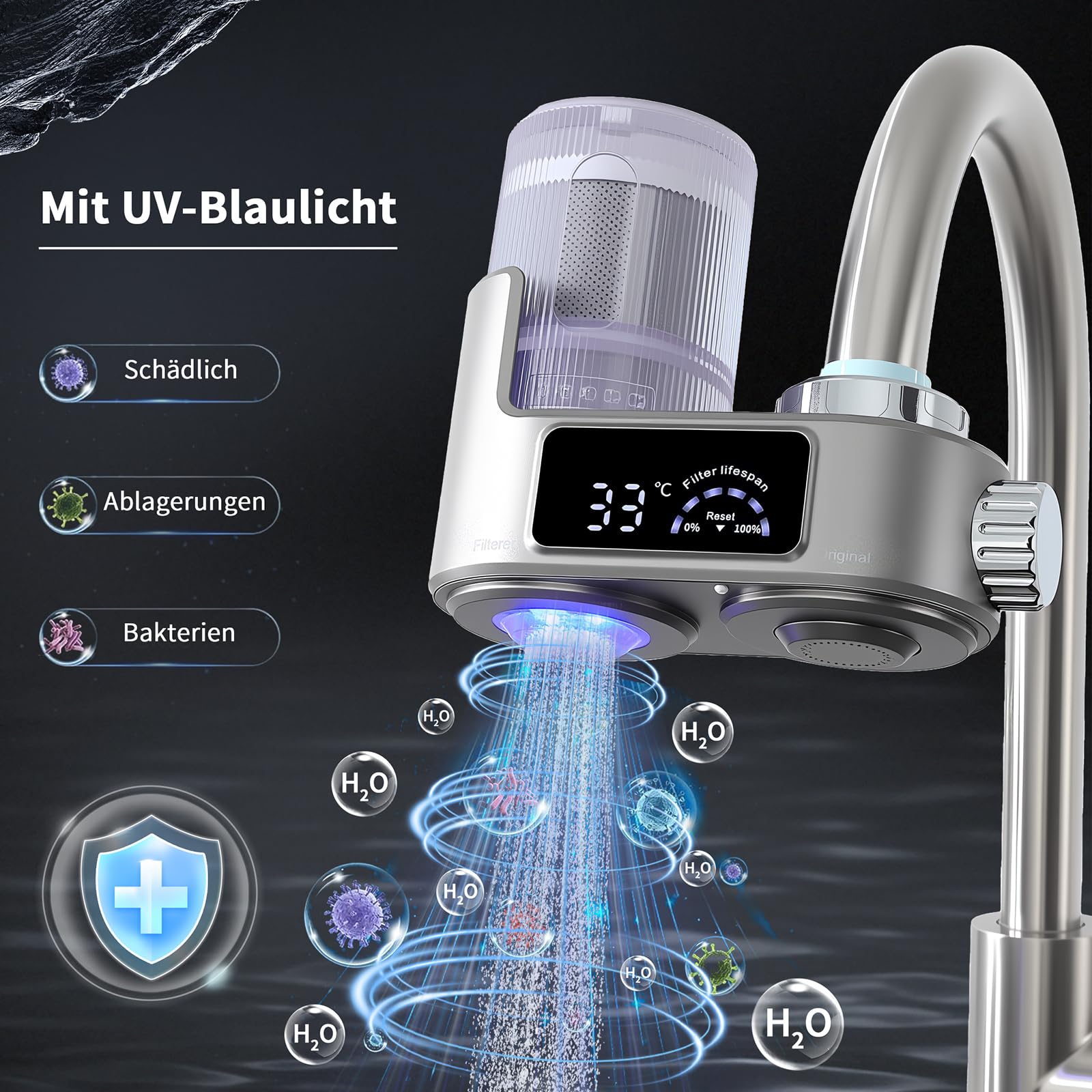 HOMELODY Wasserfilter Wasserhahn mit LED Anzeige, Wasserfilter Trinkwasser für Küche, entfernt Chlor, Schwermetalle & Kalk, Kalkfilter Wasserhahn mit Blaulicht, 12x Adapter (Inkl. Filter*1)