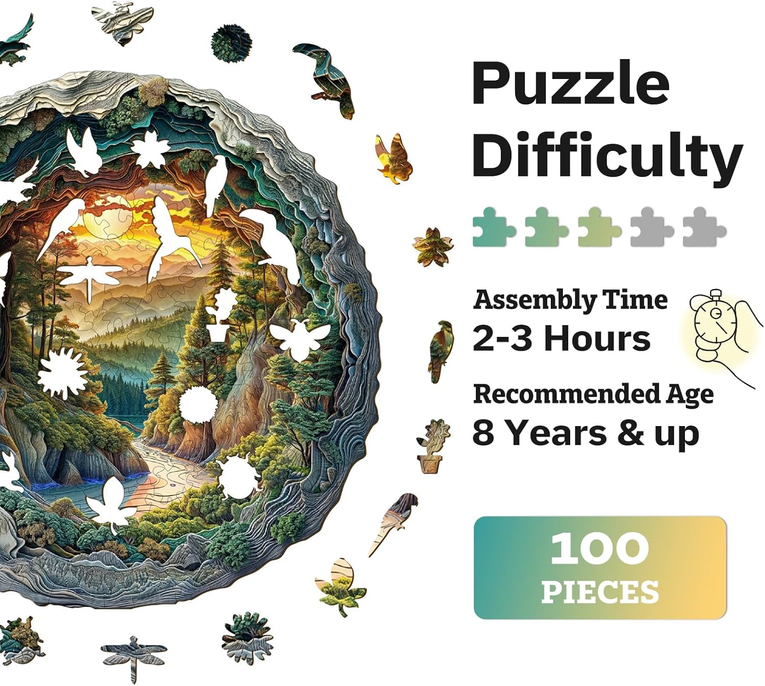 Jigfoxy Wooden Puzzle for Adults, 3D Visual Forest Wooden Jigsaw Puzzles for Adult, Unique Animal Shape Wood Cut Puzzles, Christmas Thanksgiving Gifts for Friends Family (S-8.5 * 8.4in-100pcs)