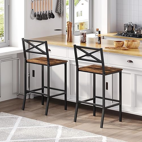 Bar Stools, Set of 2 Bar Chairs with Backrest and Footrest, 26" Tall Counter Bar Stools, Kitchen Breakfast Bar Chairs, for Dining Room, Rustic Brown BAHR94501