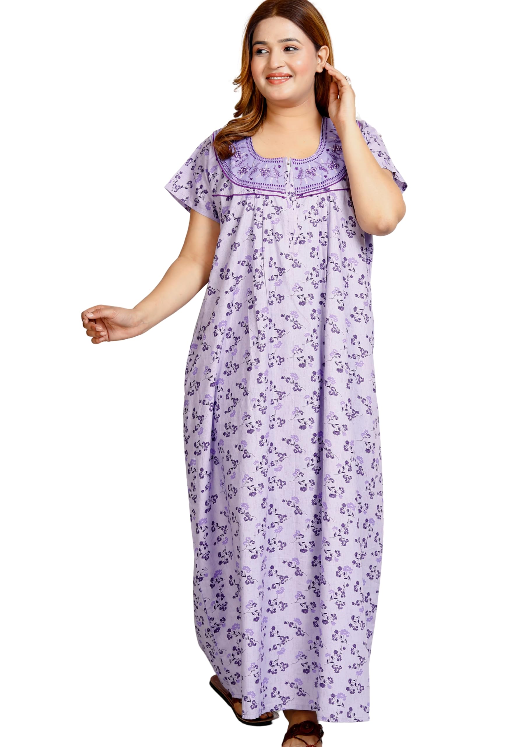 hargun night wear Floral Print Embroidery Nighty for Women, Short Sleeves Nightie, Full Length Nightgown, Pure Cotton. Yellow-picture-31