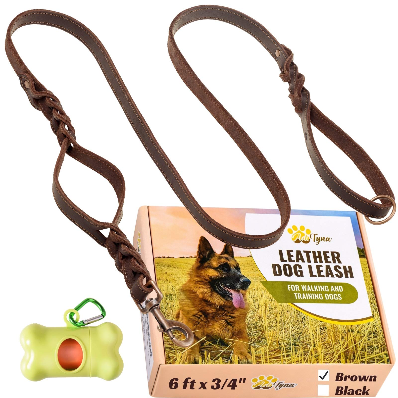 ADITYNA Leather Dog Leash 6 ft x 3/4" - Double Handle Dog Leash - Traffic Handle for Extra Control - Soft and Strong Leather Lead for Large and Medium Dogs - Dog Training Leash