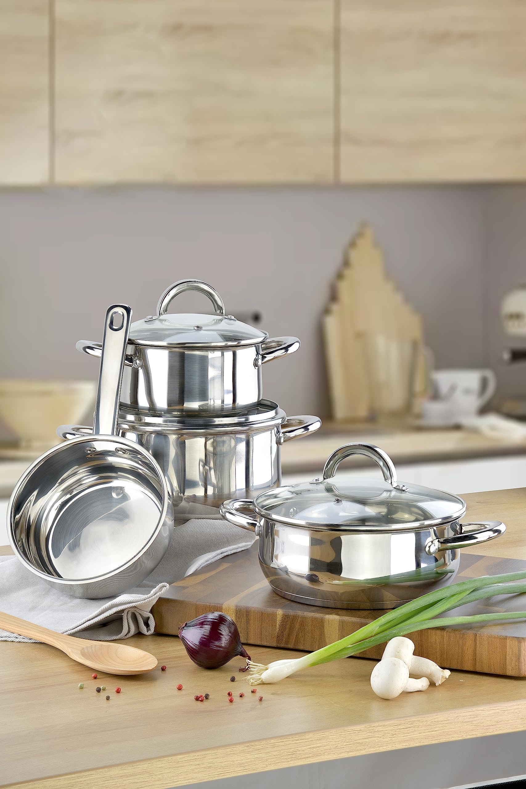Linnuo Topfset Induktion - 4 Töpfe & 3 Glasdeckel - Kochtopf Set aus hochwertigem Edelstahl - Topf mit hohlem Griff - Nicht heiß beim Kochen - ideales Kochset für kleine Küchen (7tlg. Set)