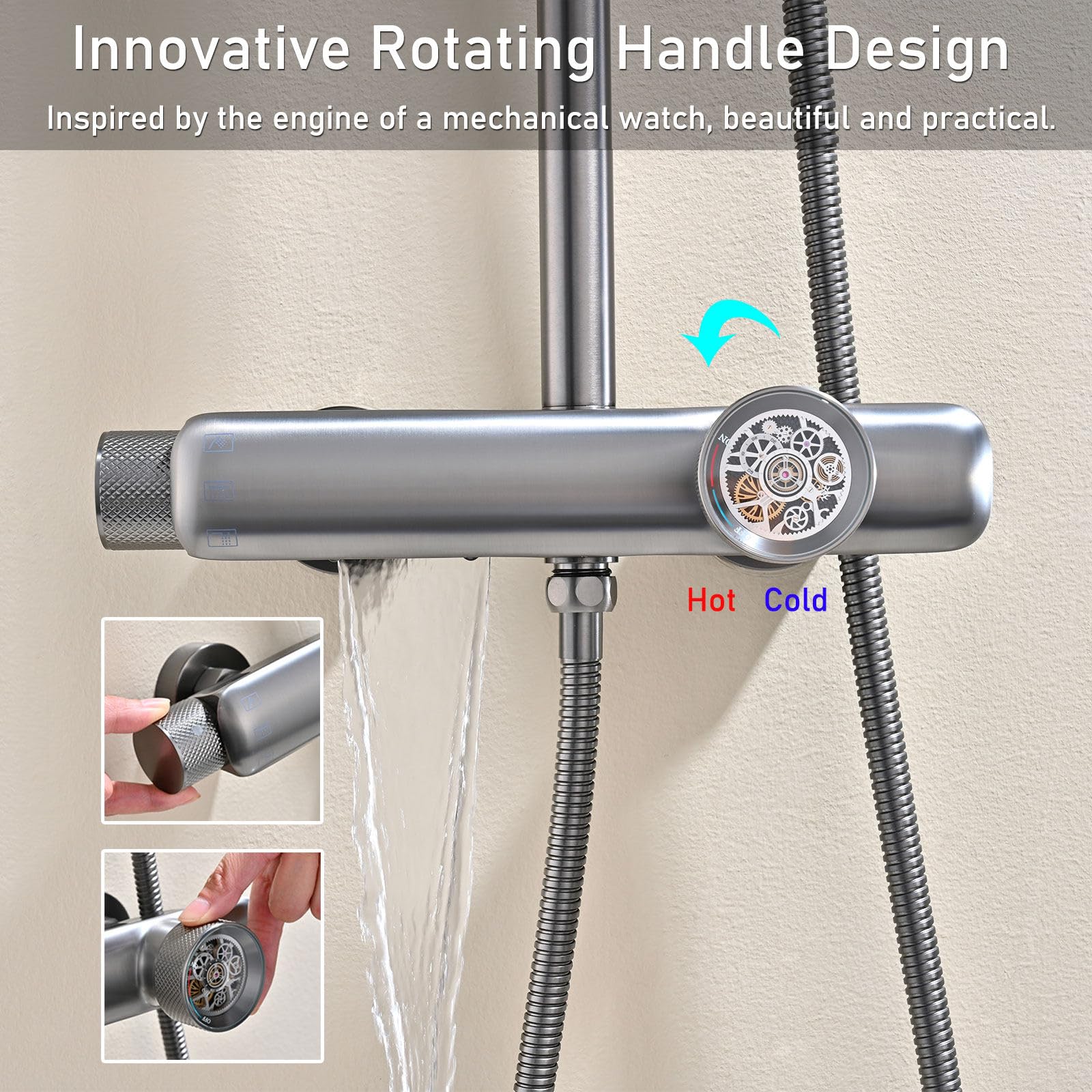 Set Doccia con Miscelatore, Design Innovativo Ingranaggi Meccanici, RSS0714 Moderno Colonna Doccia, Quadrato/Rotondo Soffione, 59A Ottone Valvola di Miscelazione, Altezza Regolabile