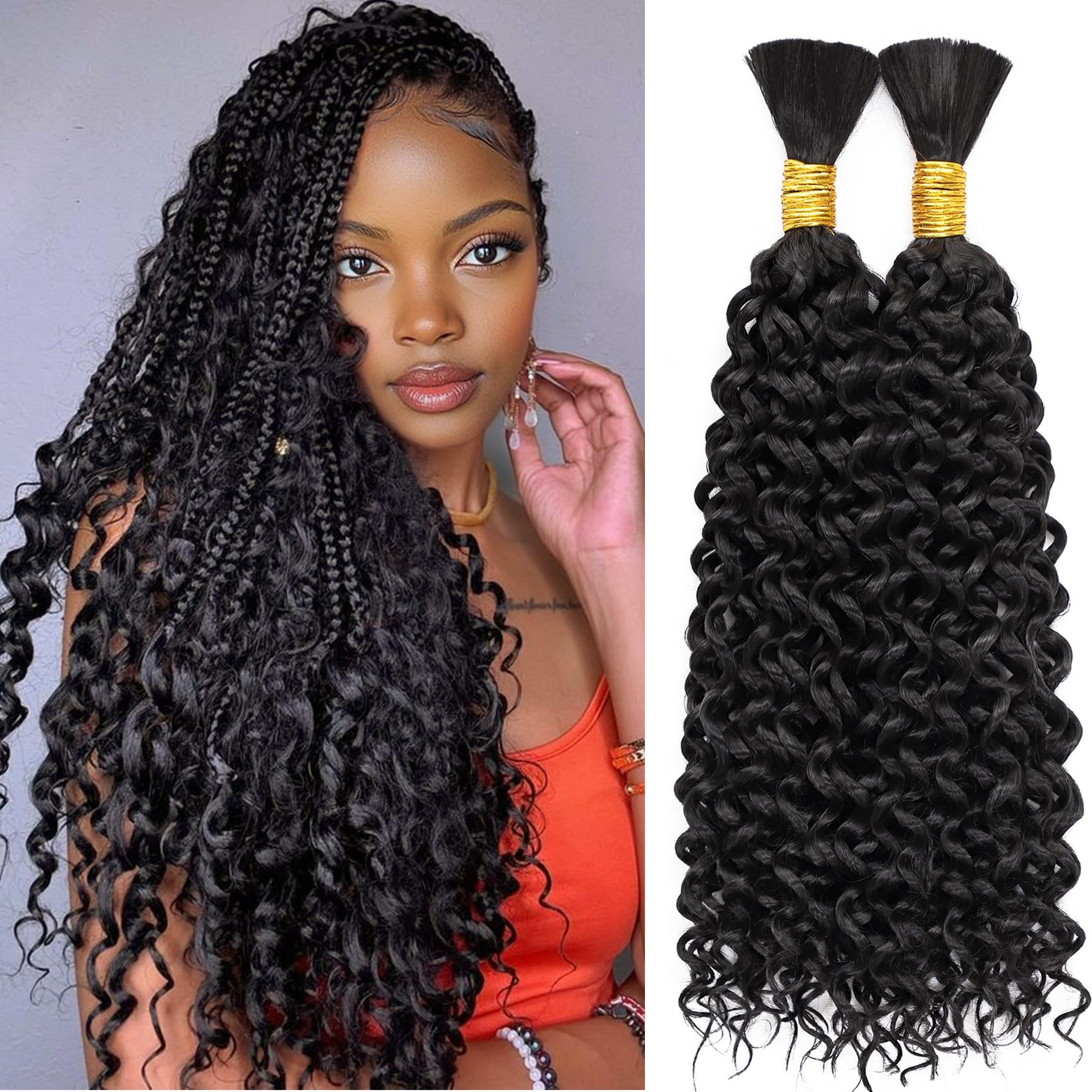 200G Curly Braiding Hair 20 Inch 2 Bundles Water Wave Crochet Hair for Women Natural Black Deep Wave Braiding Hair for Boho Braids Micro Twist No Weft
