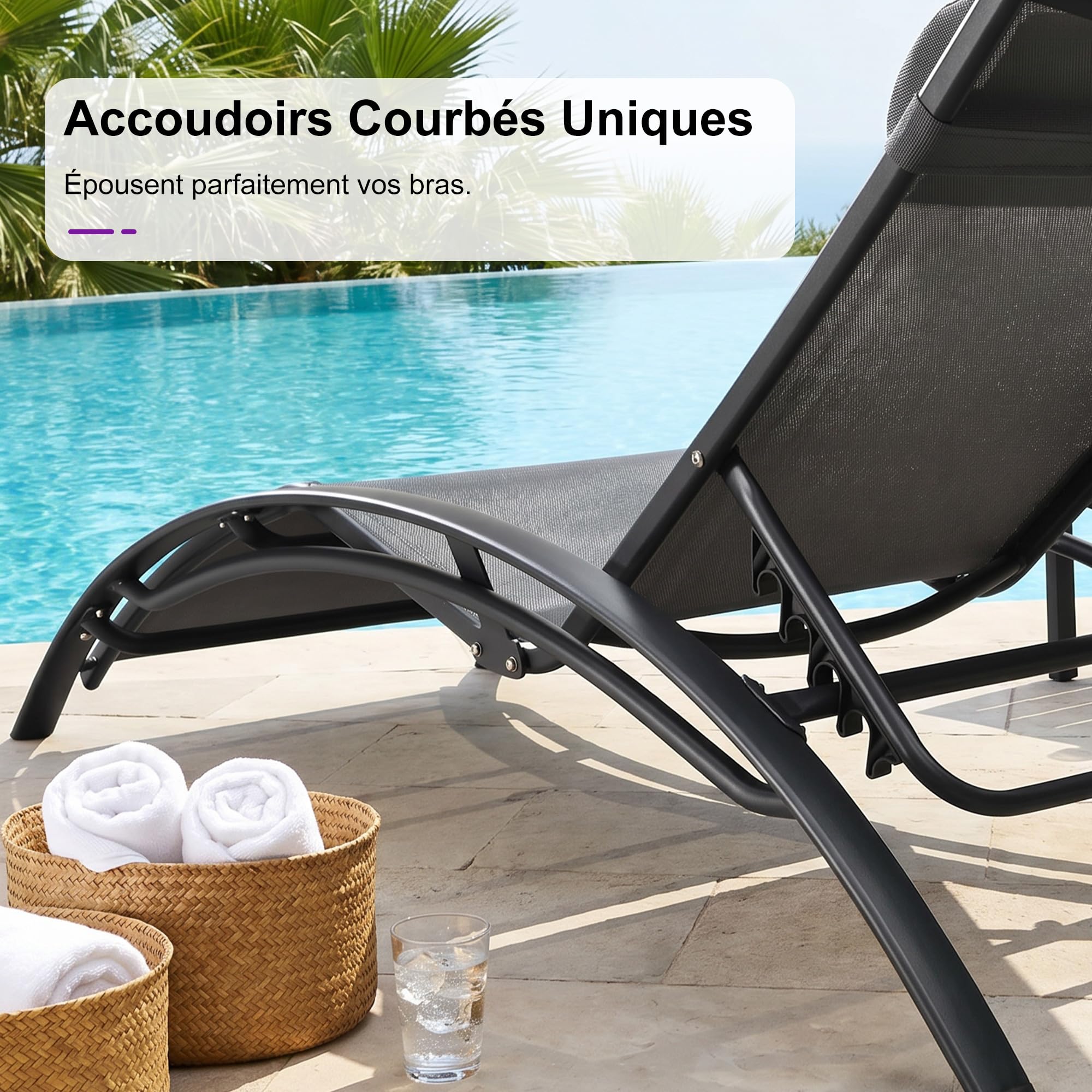 PURPLE LEAF Lot de 2 Bains de Soleil Aluminium XL Gris avec Table Transats